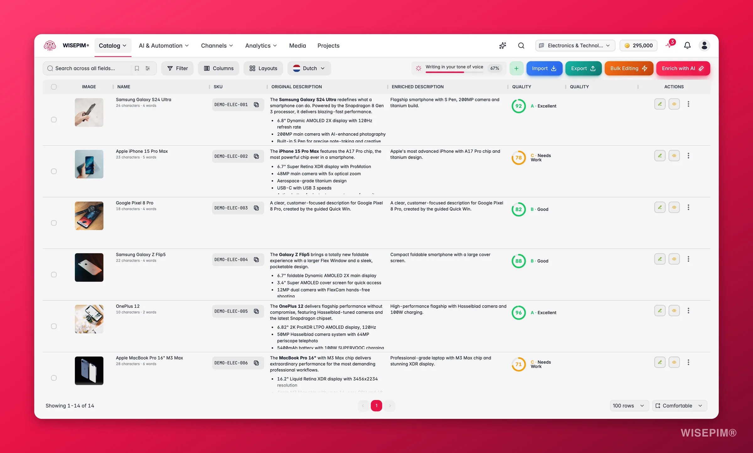 WISEPIM products table with images, categories, quality scores and bulk actions