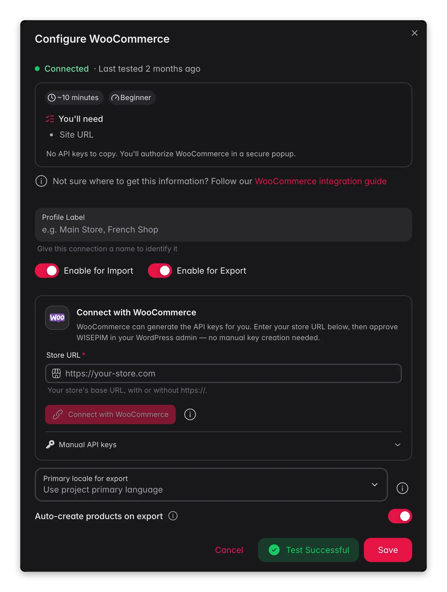 Connecting WooCommerce to WISEPIM with the one-click connect flow and a live connection test
