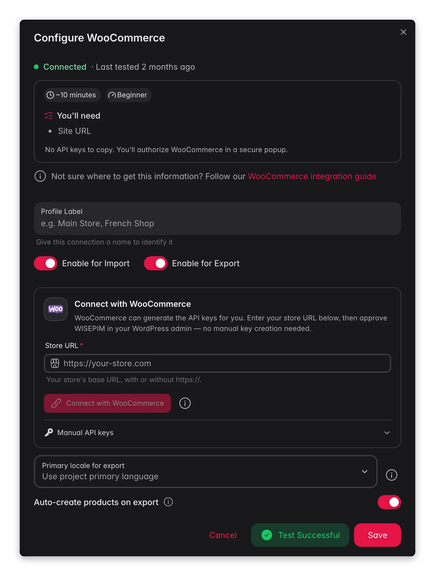 Connecting WooCommerce to WISEPIM with the one-click connect flow and a live connection test