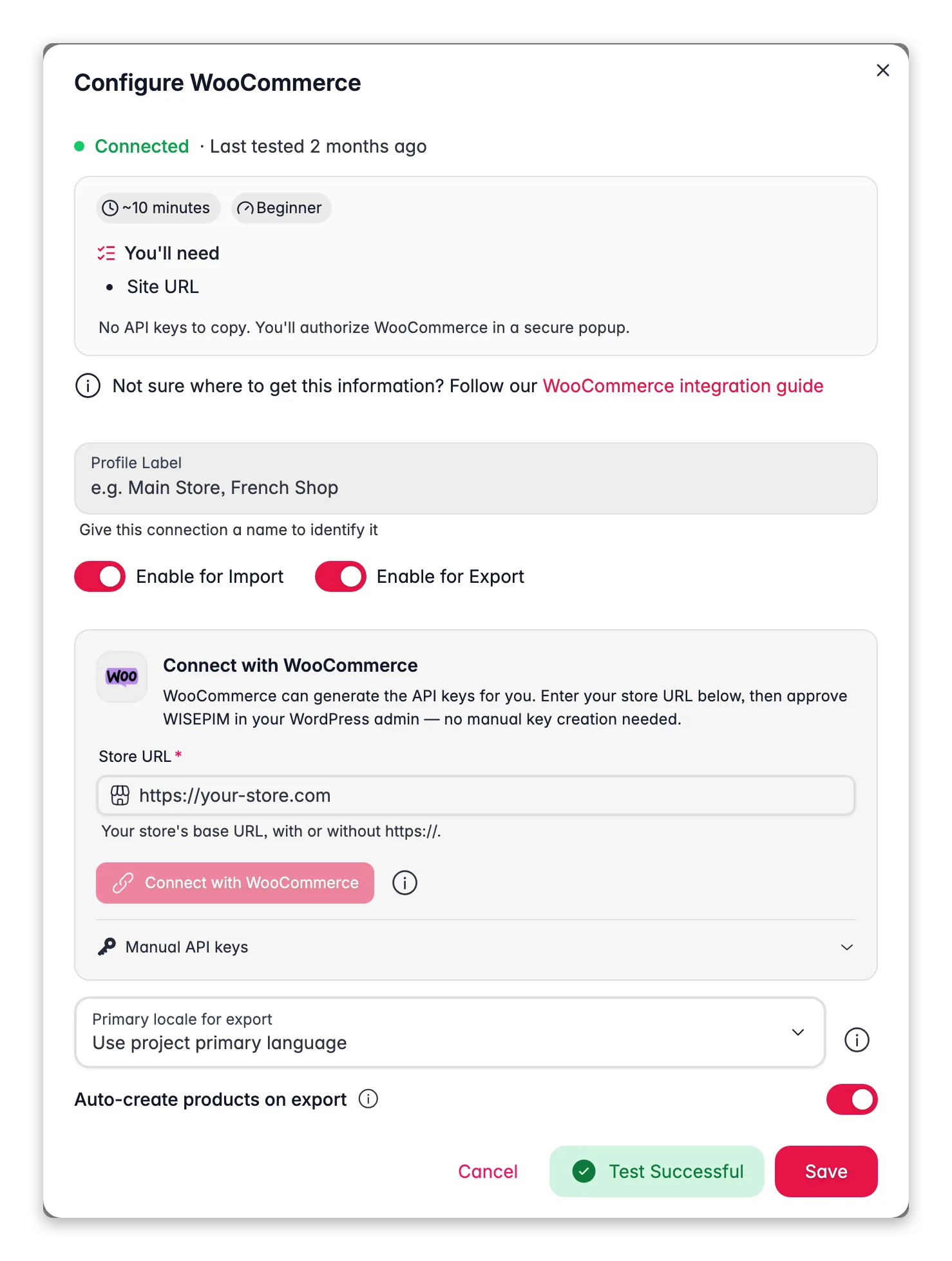 Connecting WooCommerce to WISEPIM with the one-click connect flow and a live connection test