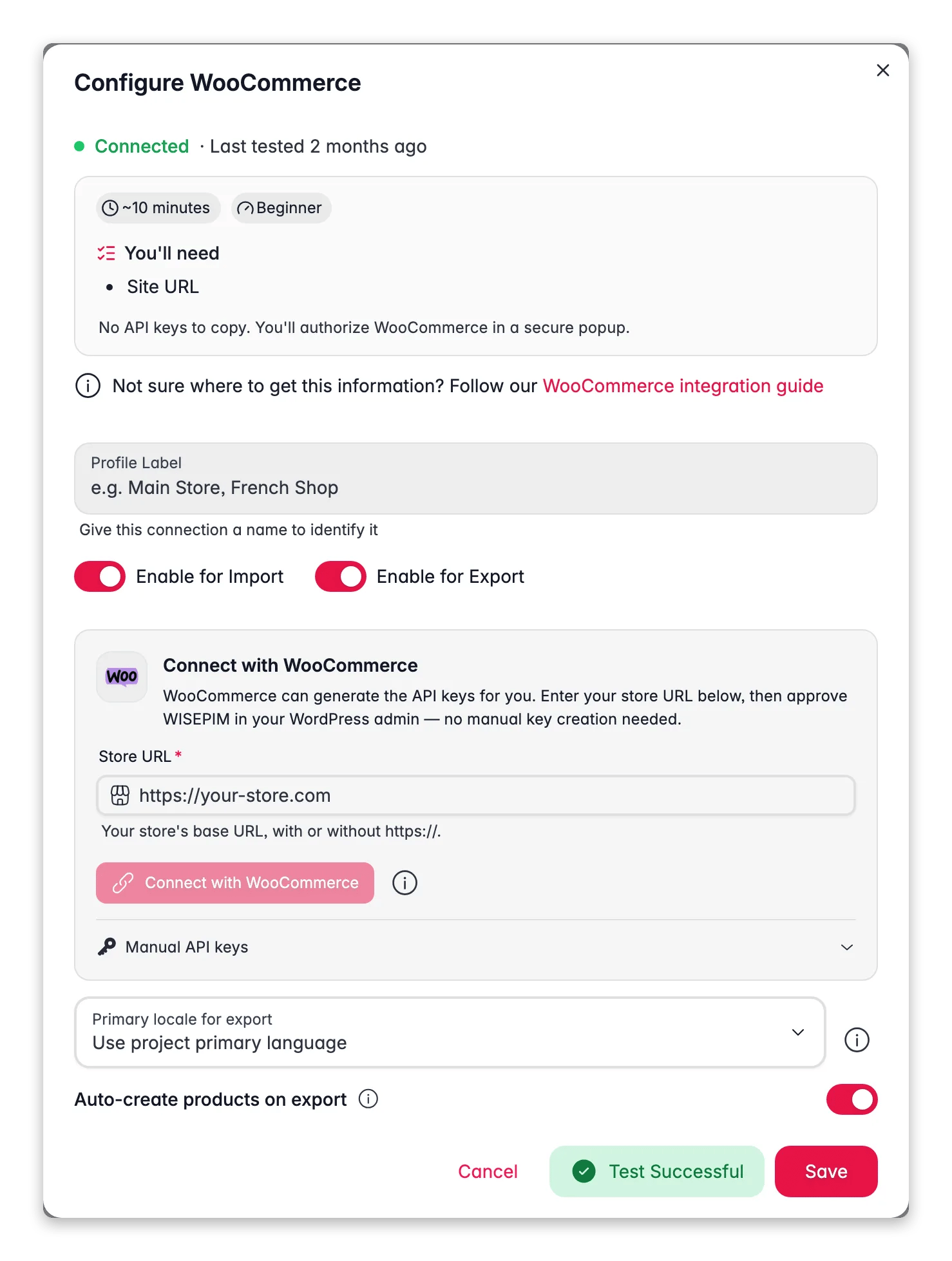 Connecting WooCommerce to WISEPIM with the one-click connect flow and a live connection test