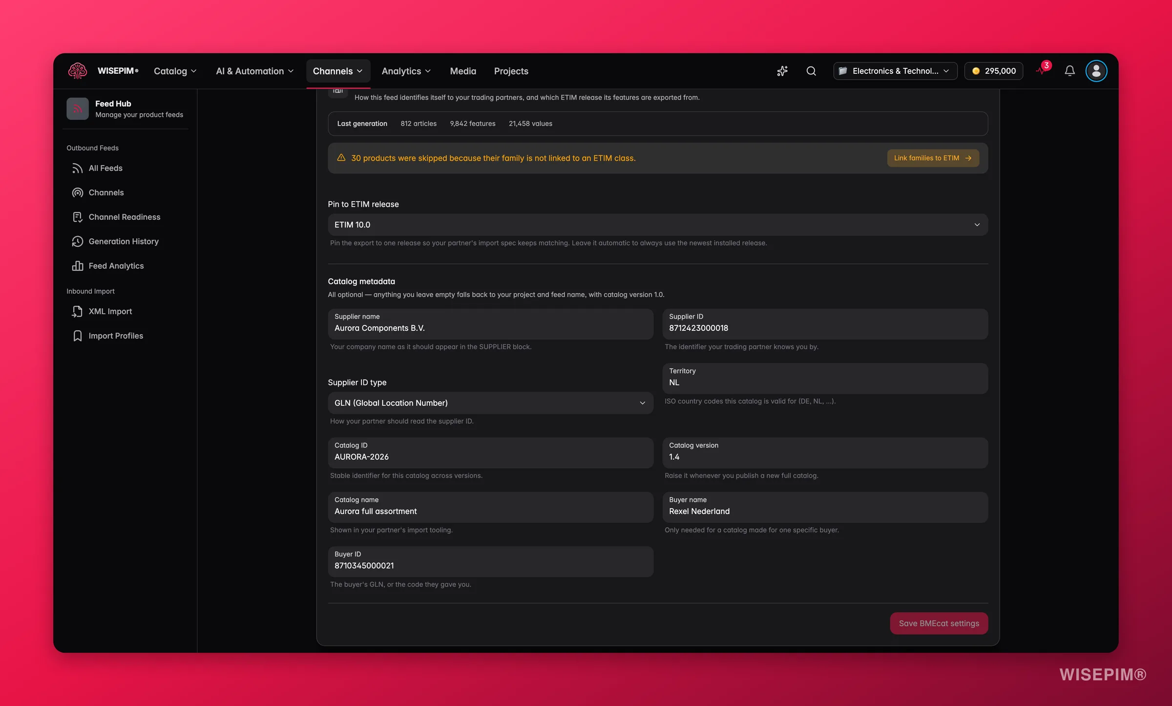 WISEPIM Feed Hub BMEcat feed - ETIM release pinning, generation stats and catalog metadata for trading partners