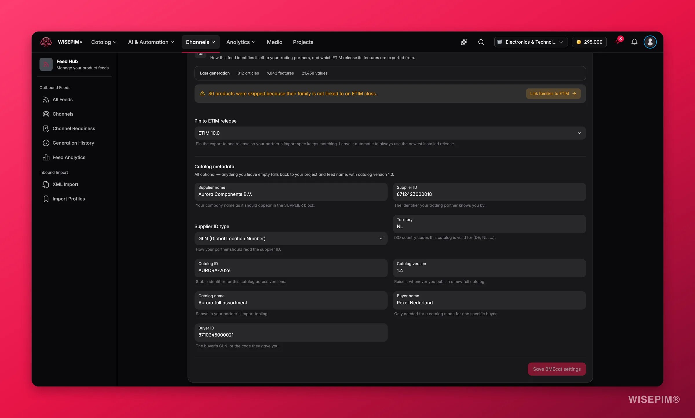 WISEPIM Feed Hub BMEcat feed - ETIM release pinning, generation stats and catalog metadata for trading partners