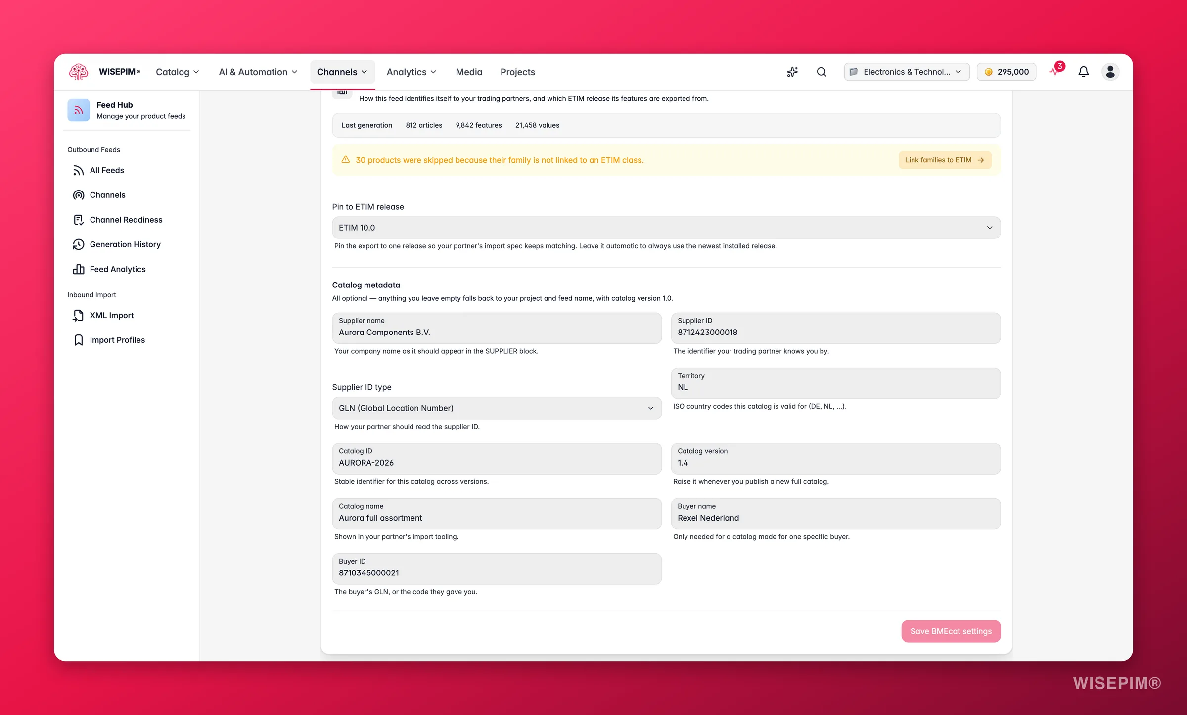 WISEPIM Feed Hub BMEcat feed - ETIM release pinning, generation stats and catalog metadata for trading partners