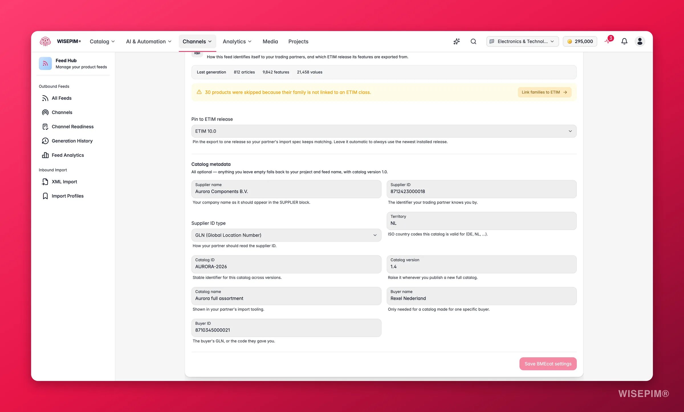 WISEPIM Feed Hub BMEcat feed - ETIM release pinning, generation stats and catalog metadata for trading partners