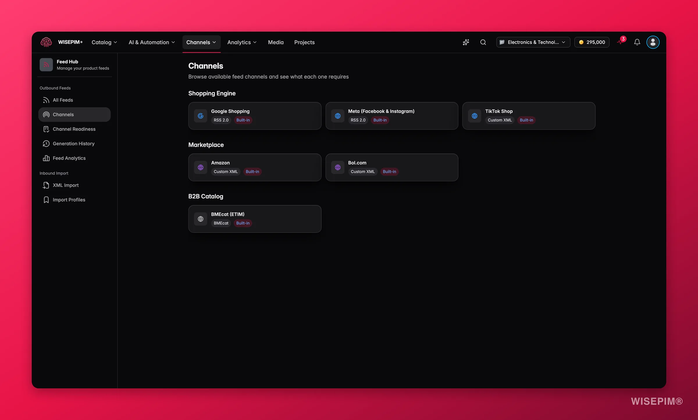 WISEPIM Feed Hub channel catalog for marketplaces and ad platforms