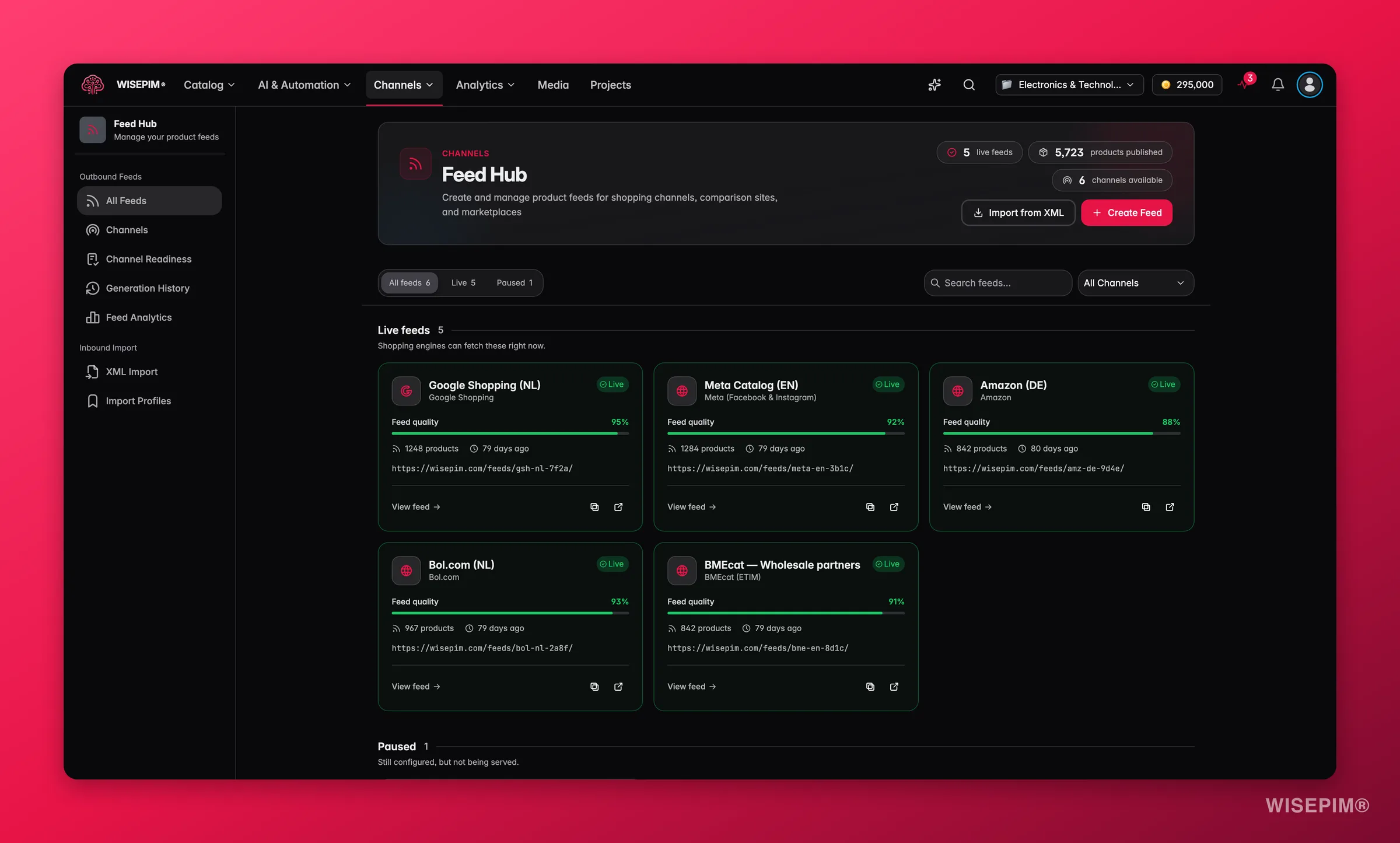 WISEPIM Feed Hub with outbound channel feeds and sync status