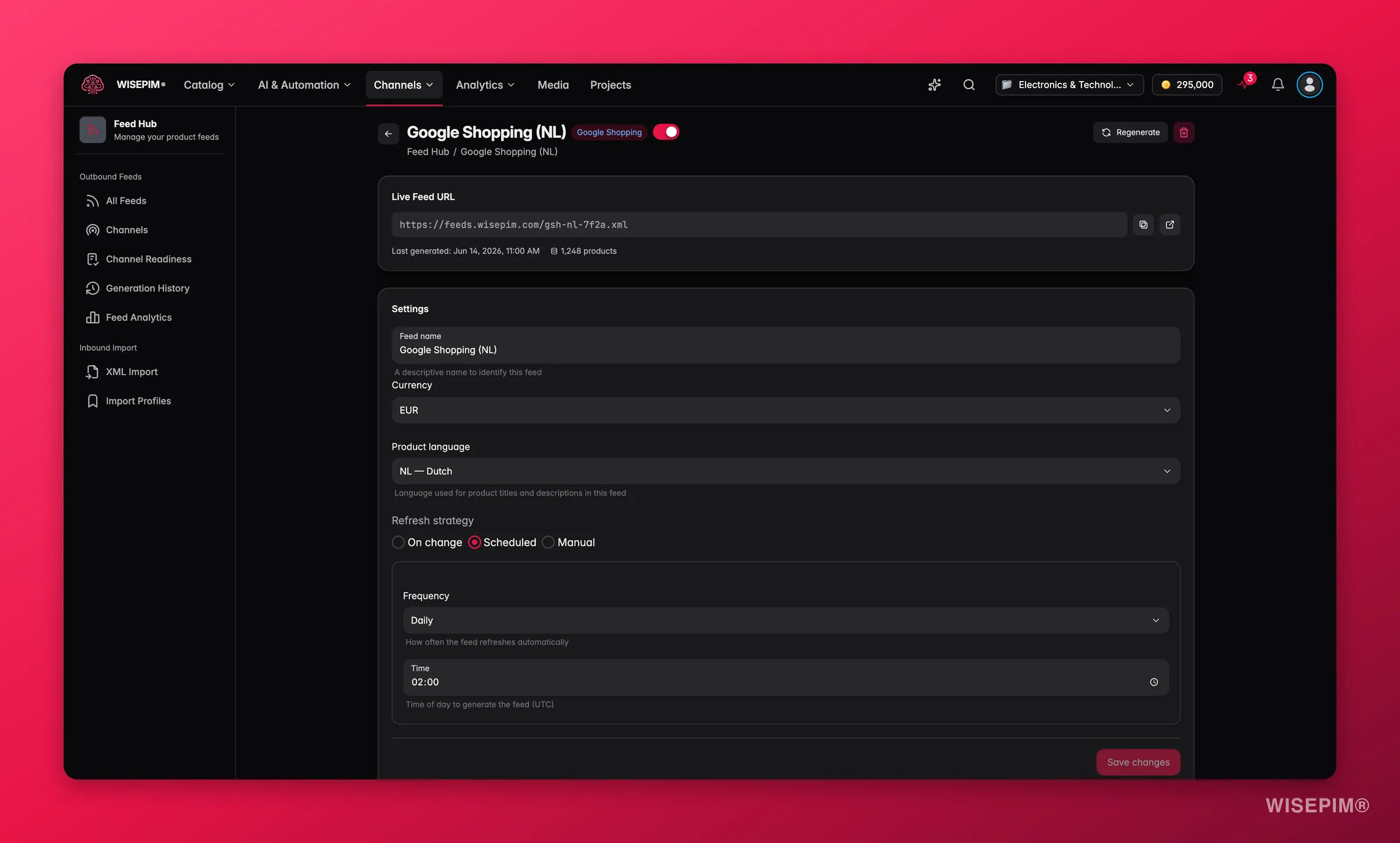WISEPIM Feed Hub feed editor with field mappings, scheduling and a feed quality score