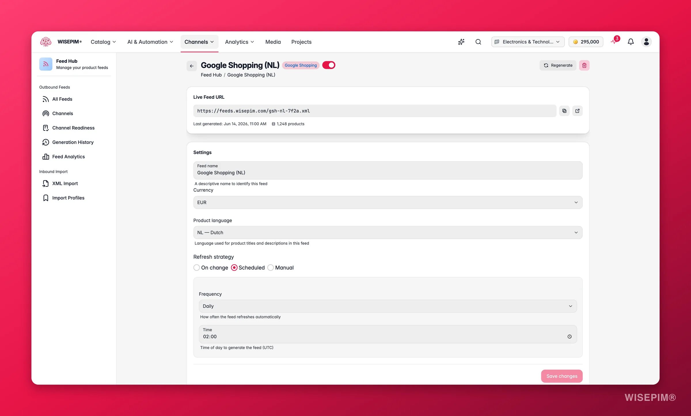 WISEPIM Feed Hub feed editor with field mappings, scheduling and a feed quality score