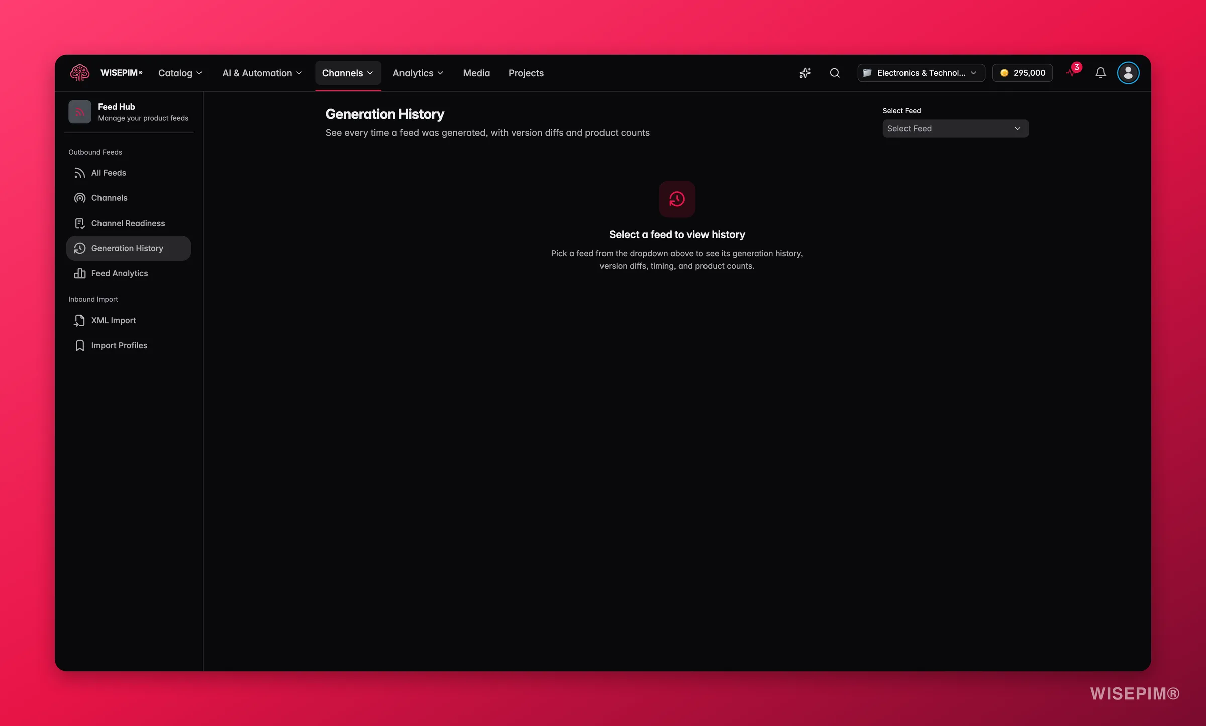 WISEPIM Feed Hub run history with sync results per channel