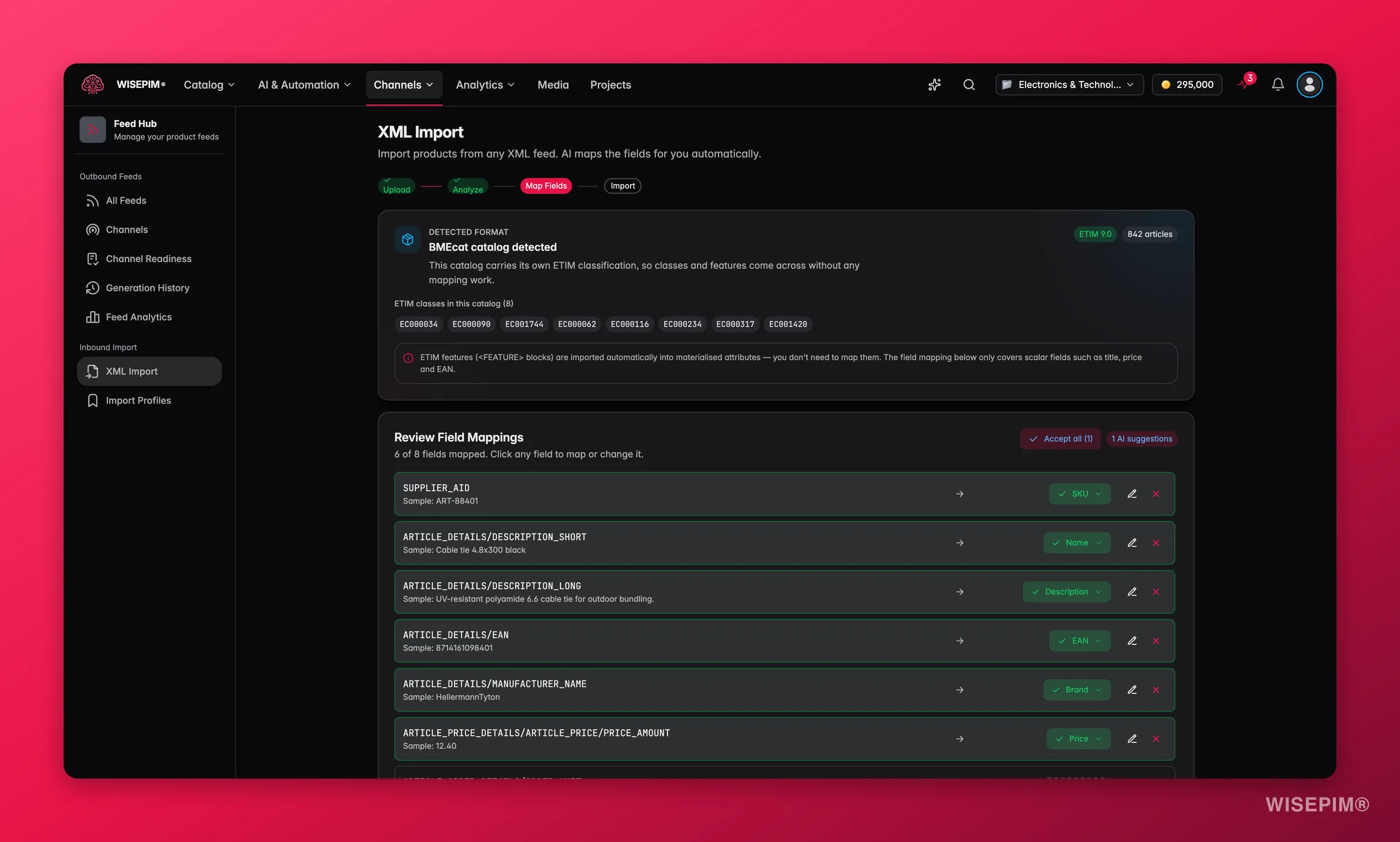 WISEPIM Feed Hub BMEcat import - detected ETIM release and class codes, with features imported automatically