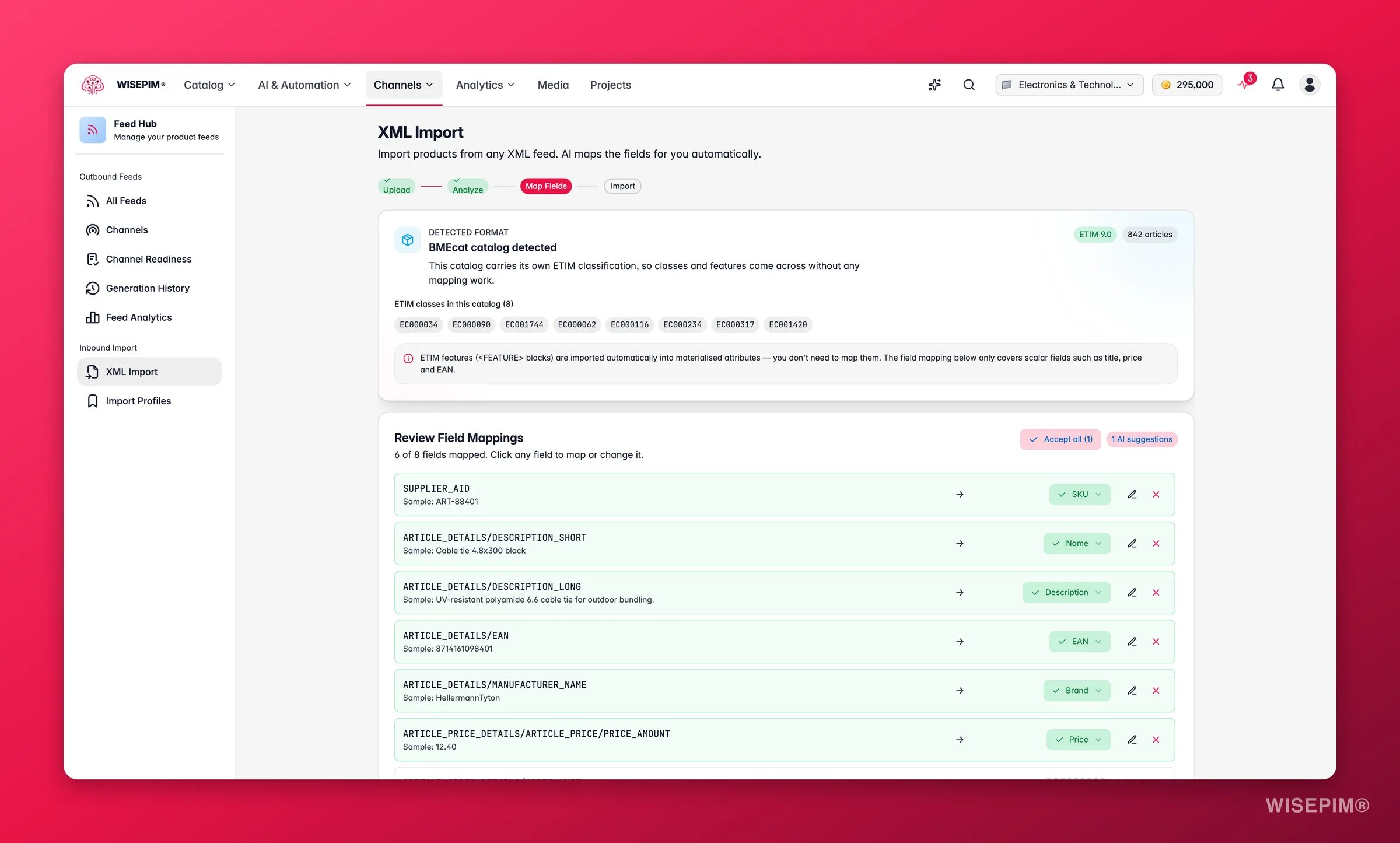 WISEPIM Feed Hub BMEcat import - detected ETIM release and class codes, with features imported automatically