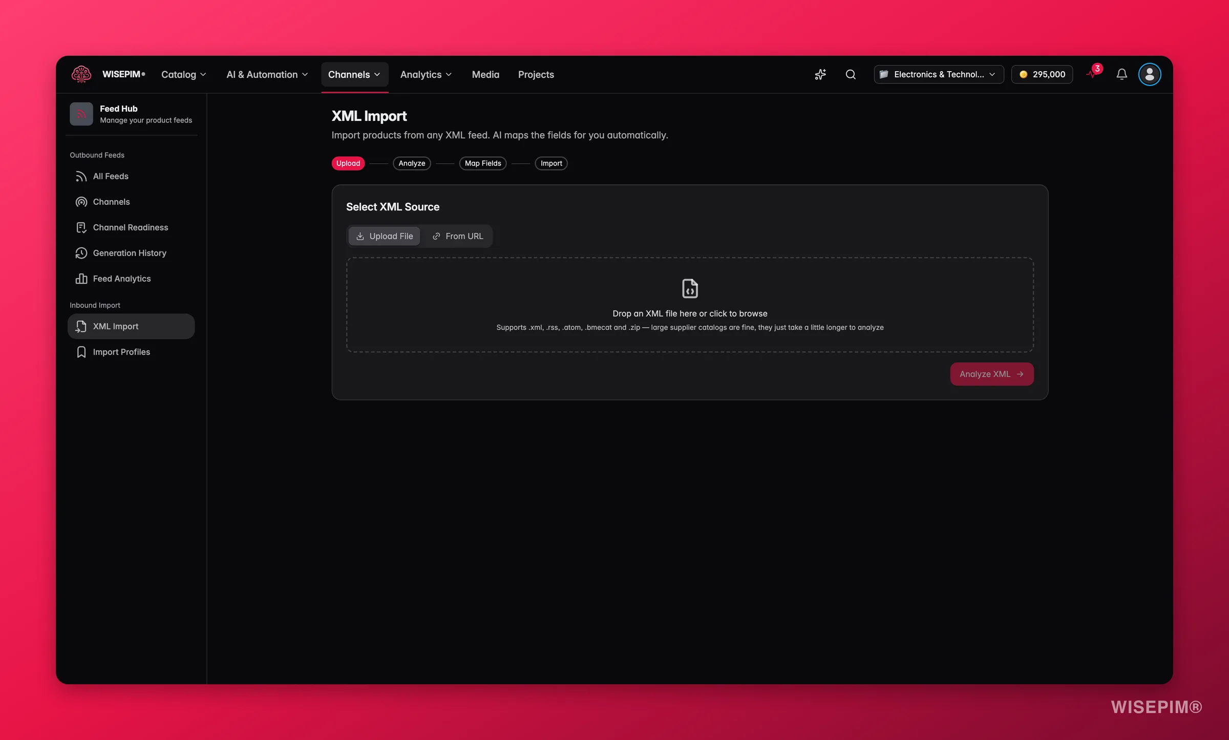 WISEPIM Feed Hub XML import with field auto-mapping