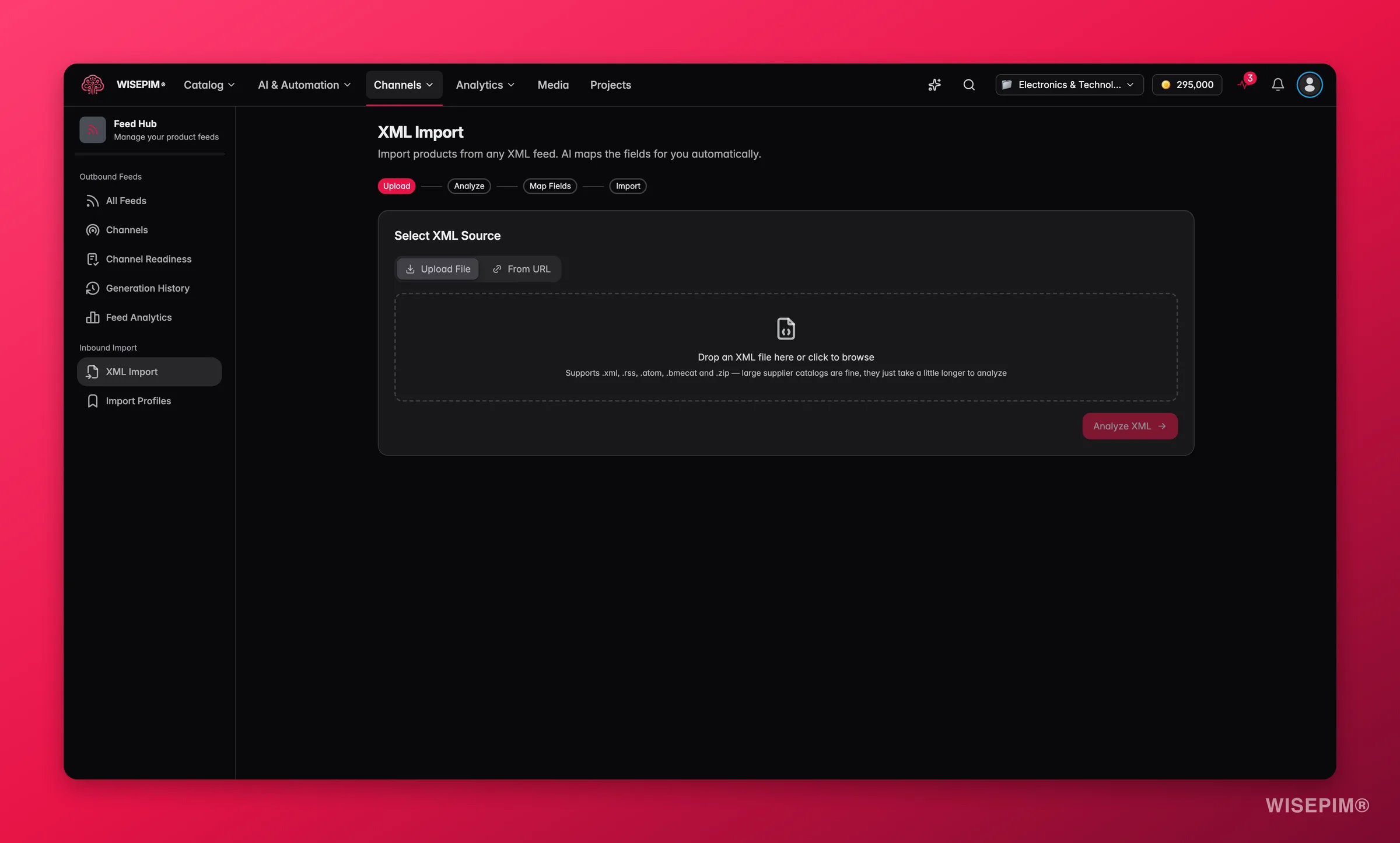 WISEPIM Feed Hub XML import with field auto-mapping