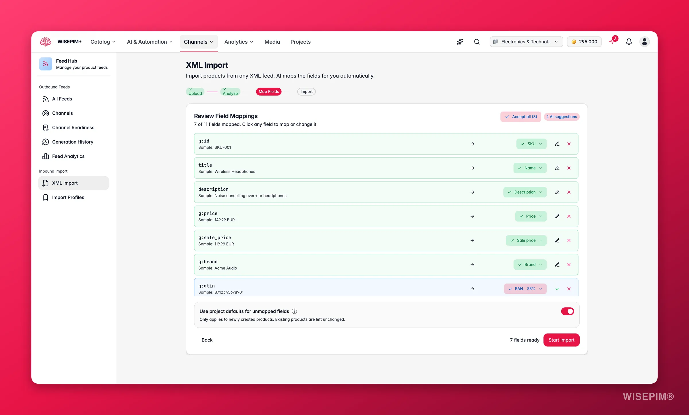 WISEPIM Feed Hub XML import - AI field-mapping review with confidence chips and accept/reject