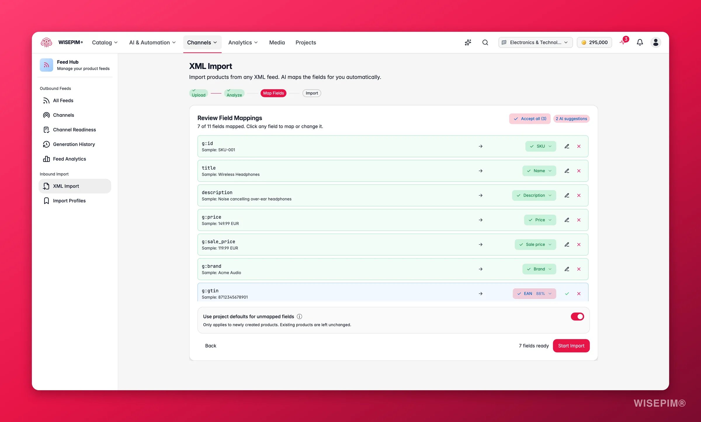WISEPIM Feed Hub XML import - AI field-mapping review with confidence chips and accept/reject