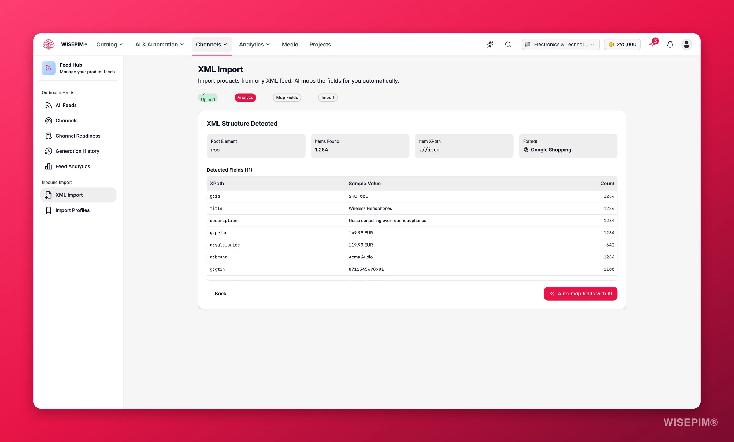 WISEPIM Feed Hub XML import - detected structure with item count, XPaths and sample values