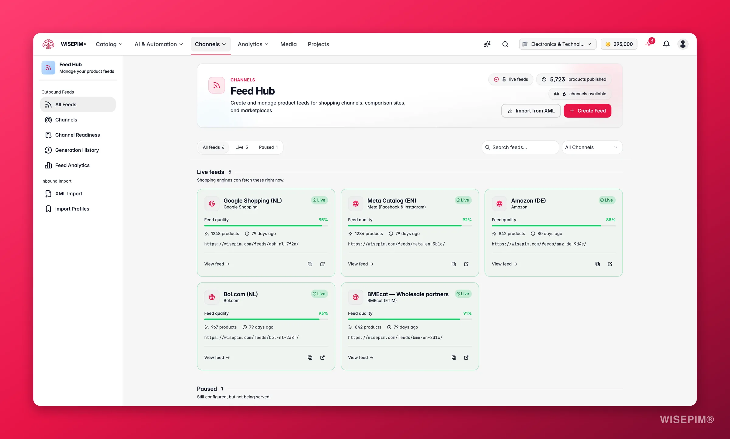 WISEPIM Feed Hub with outbound channel feeds and sync status