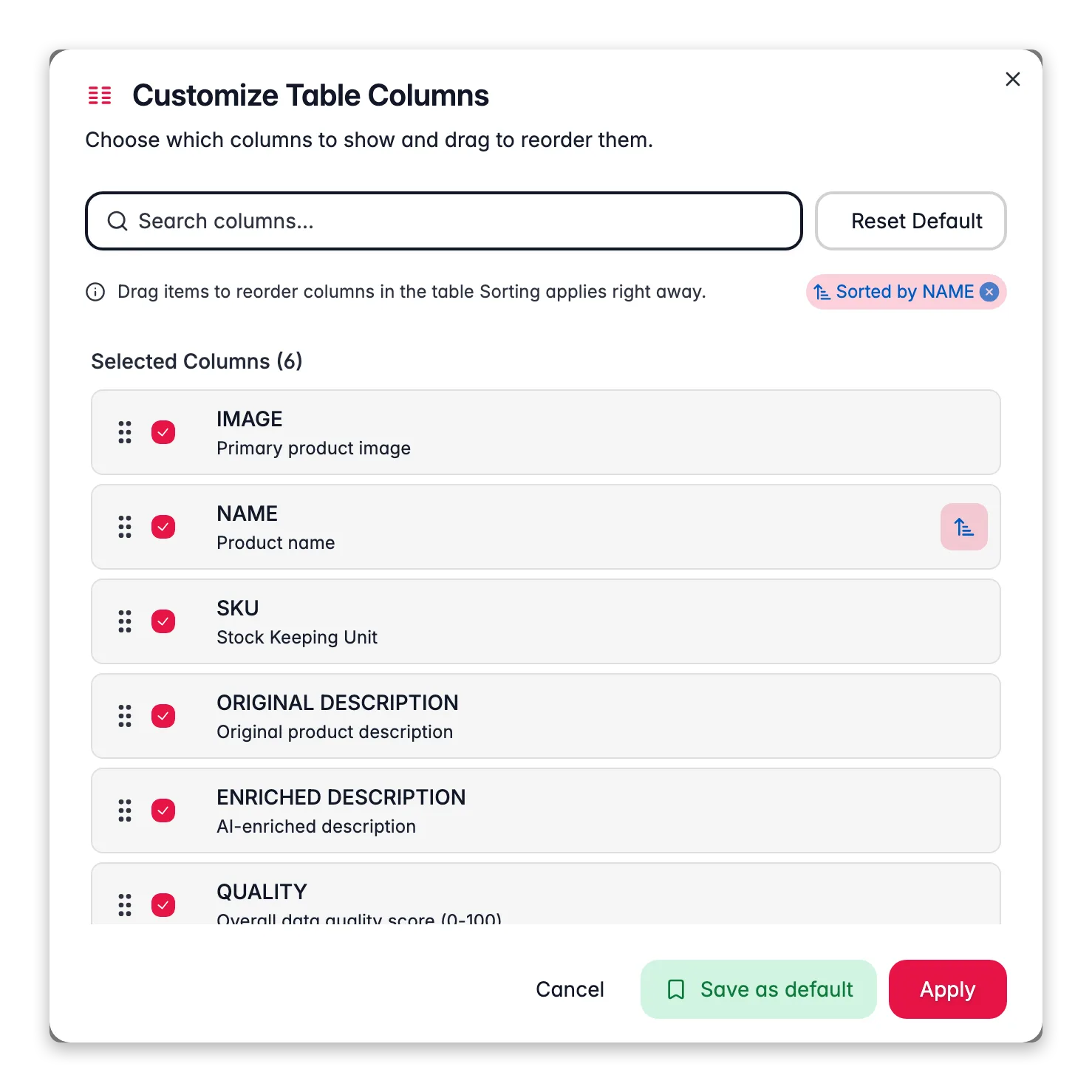 Configuring which product columns are visible in WISEPIM