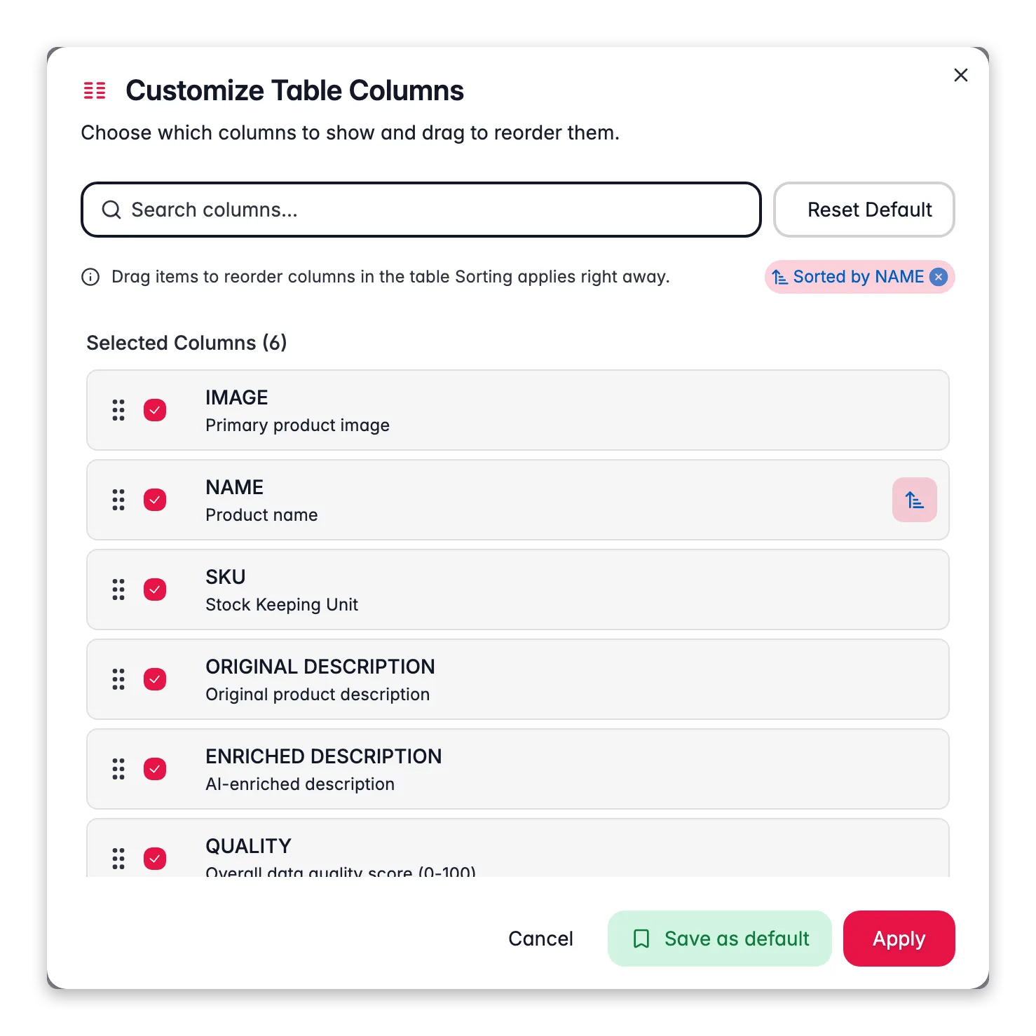 Configuring which product columns are visible in WISEPIM