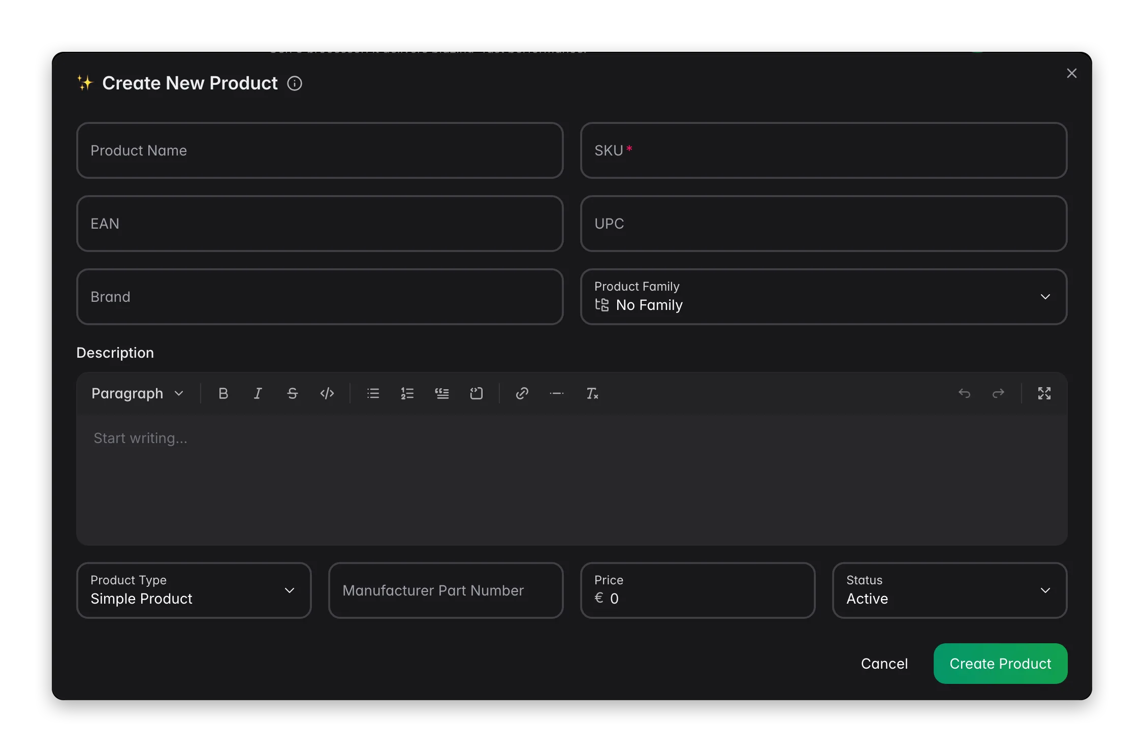 Creating a new product in WISEPIM with AI-assisted fields