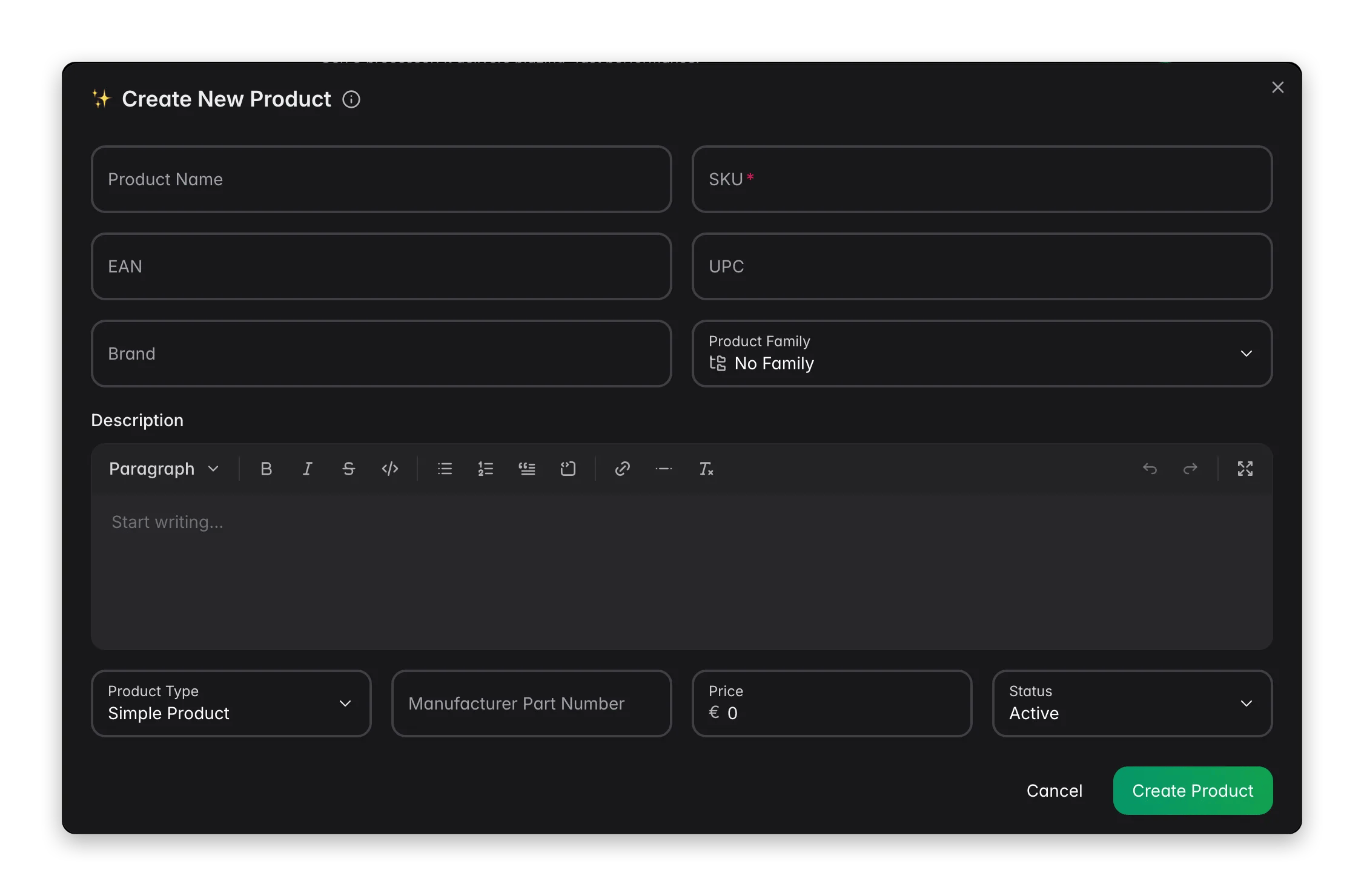 Creating a new product in WISEPIM with AI-assisted fields