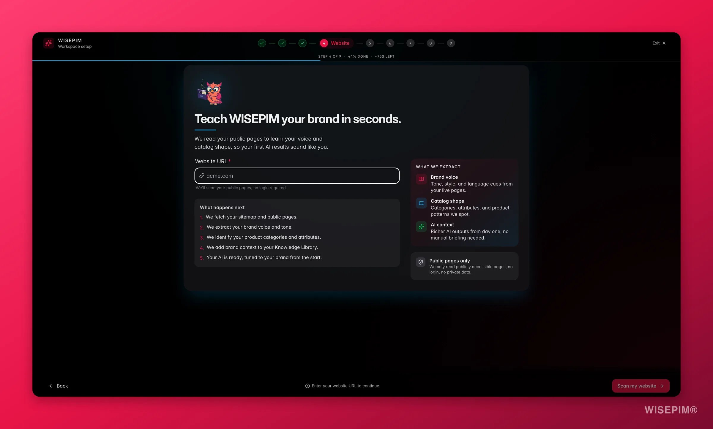 WISEPIM onboarding website step that crawls your store to pre-fill data