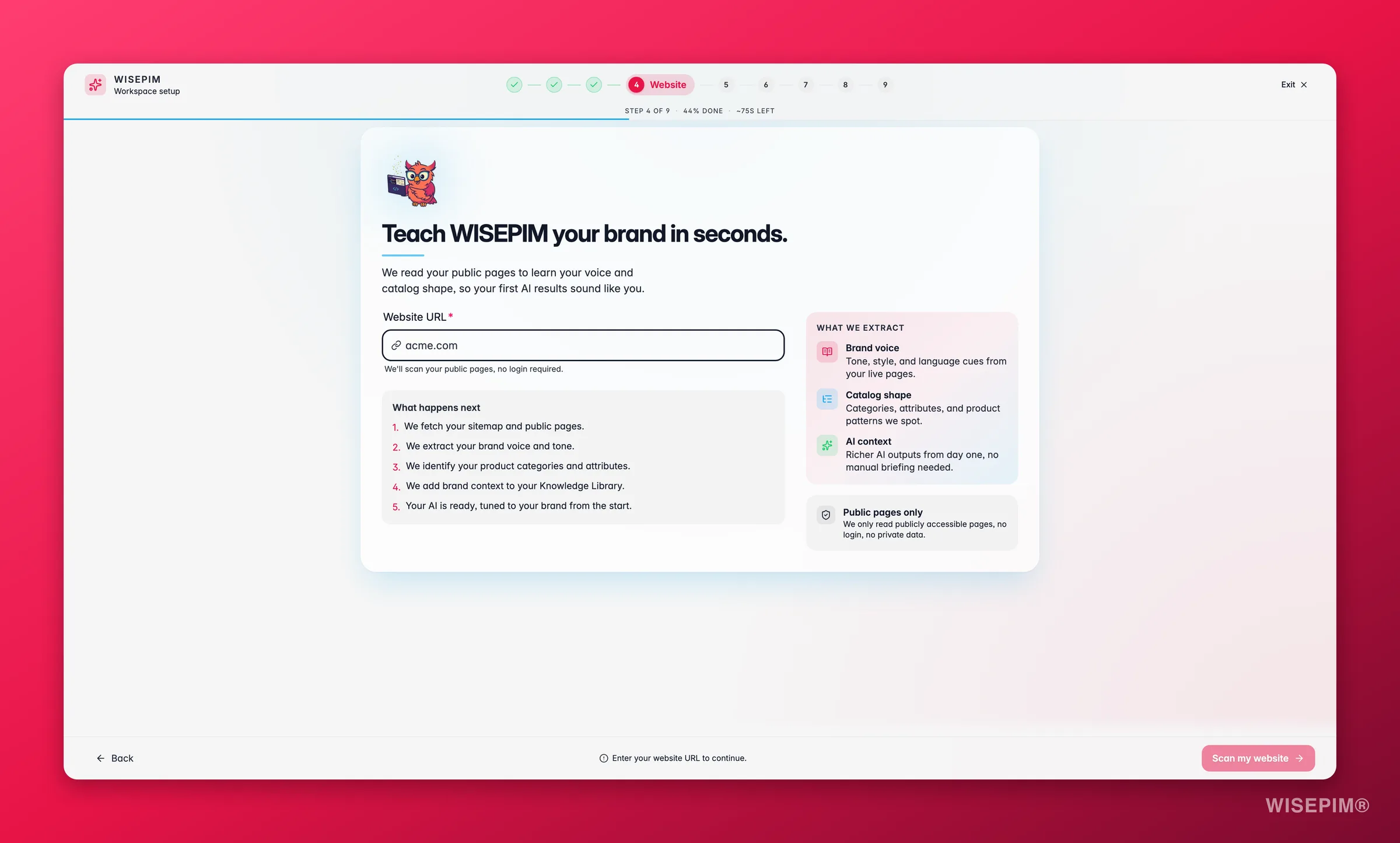 WISEPIM onboarding website step that crawls your store to pre-fill data