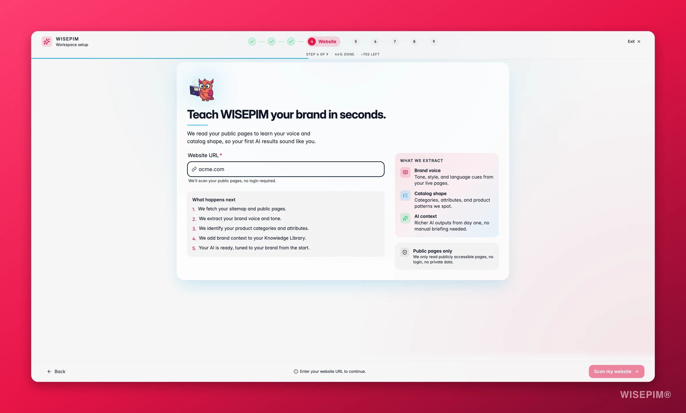 WISEPIM onboarding website step that crawls your store to pre-fill data