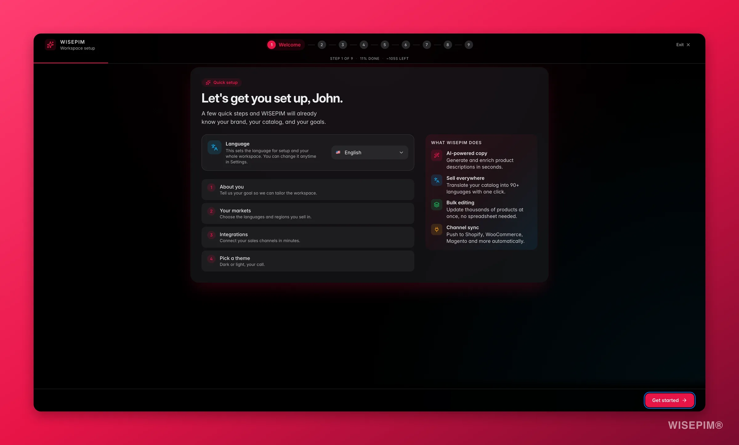WISEPIM onboarding welcome step with language and a guided checklist