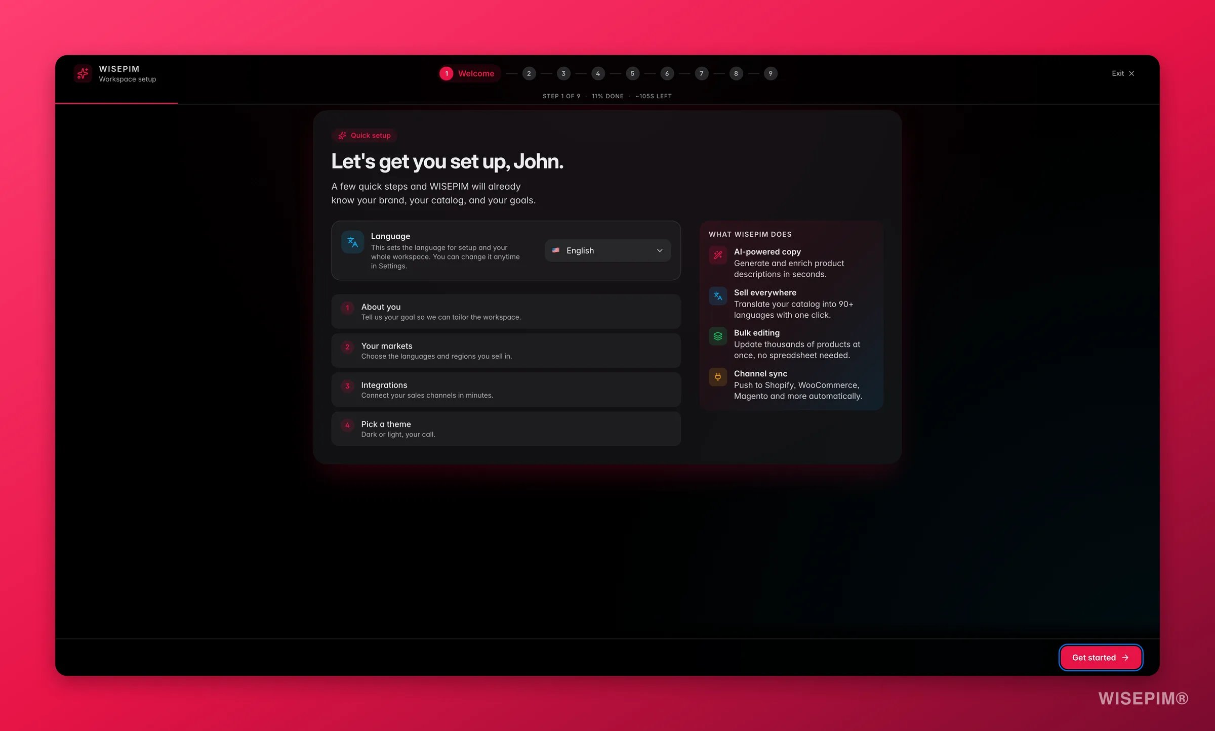 WISEPIM onboarding welcome step with language and a guided checklist