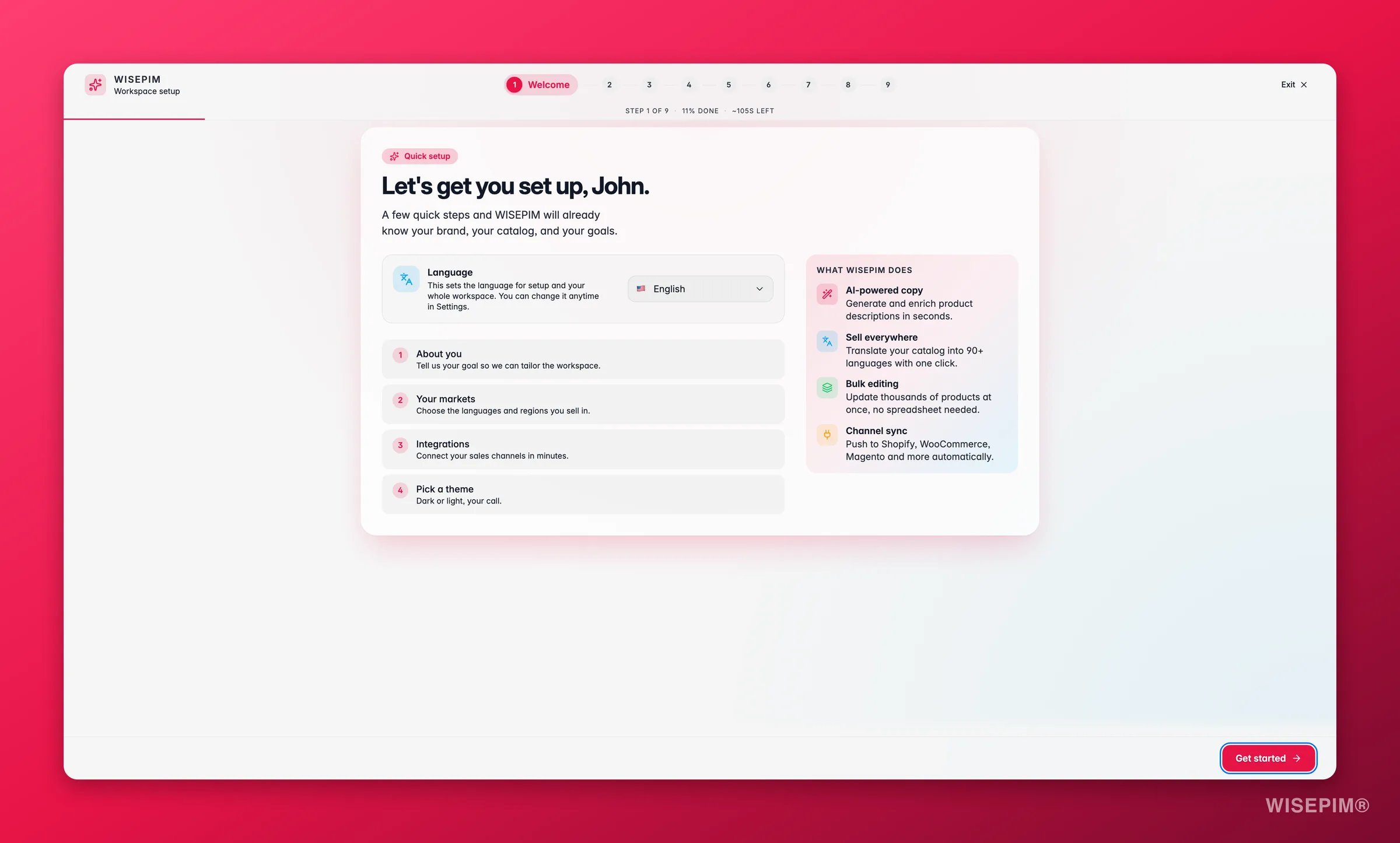 WISEPIM onboarding welcome step with language and a guided checklist
