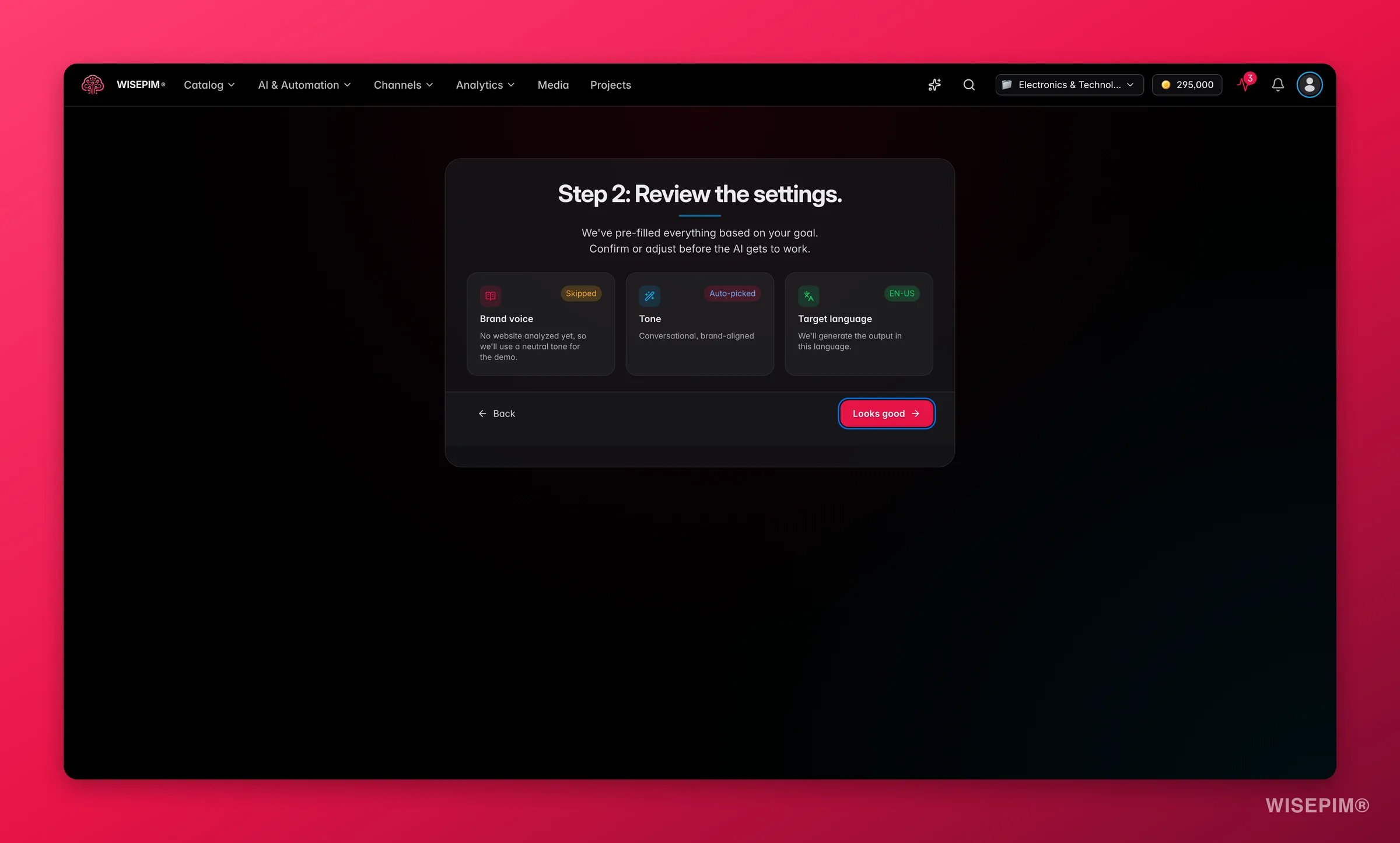 WISEPIM Quick Win, review brand voice, tone preset, and target language before enriching