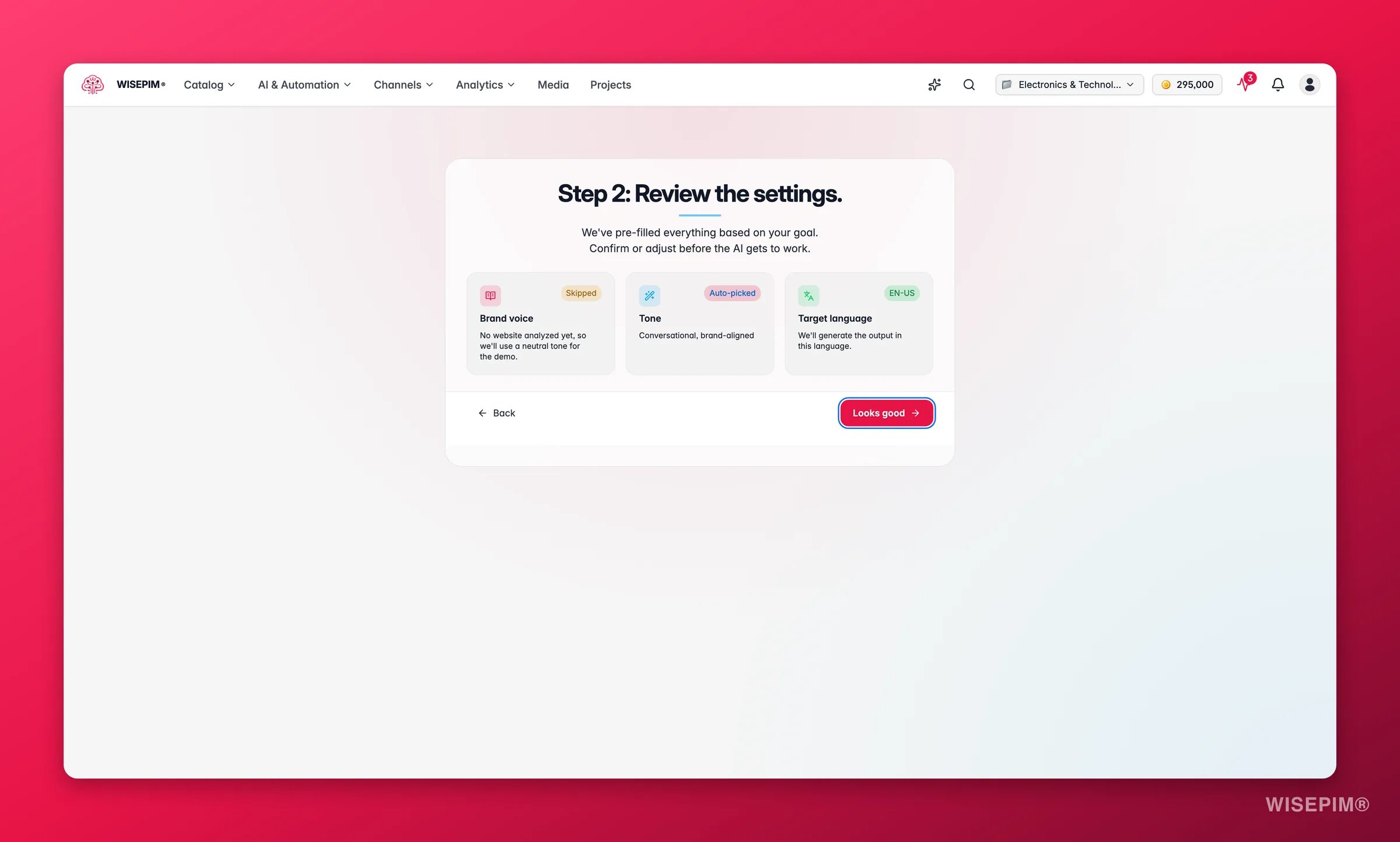 WISEPIM Quick Win, review brand voice, tone preset, and target language before enriching