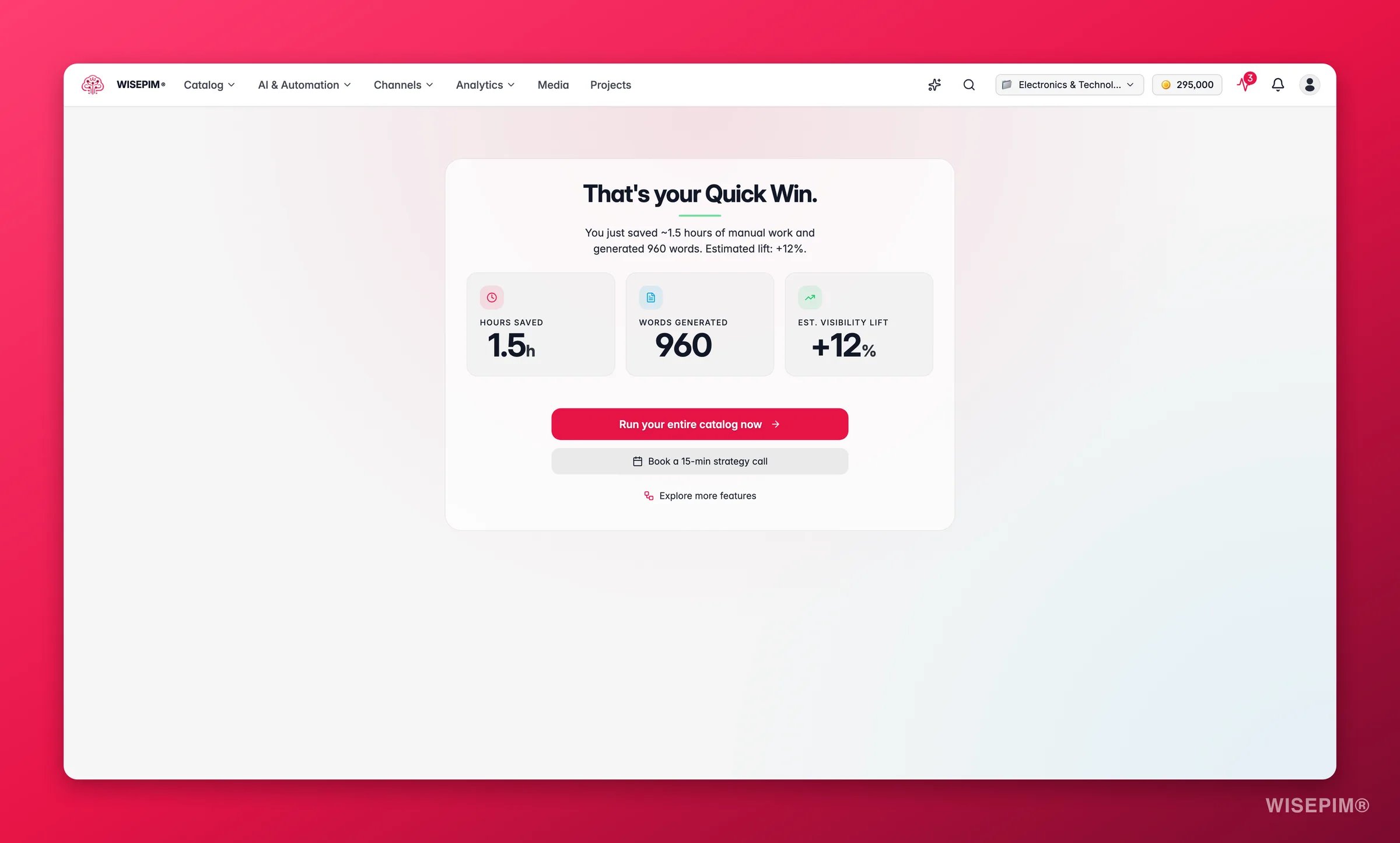 WISEPIM Quick Win, impact summary showing hours saved, words generated, and estimated visibility lift