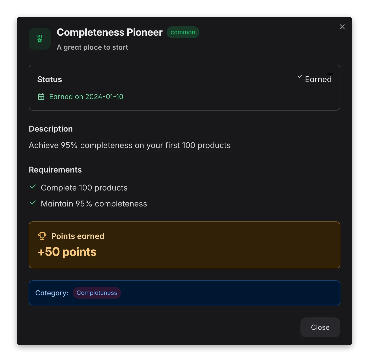 WISEPIM achievement detail modal showing progress, requirements, and points