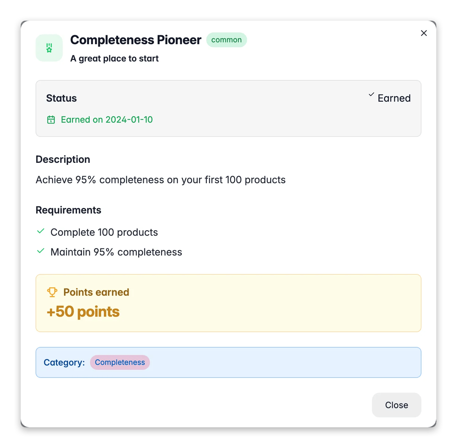 WISEPIM achievement detail modal showing progress, requirements, and points