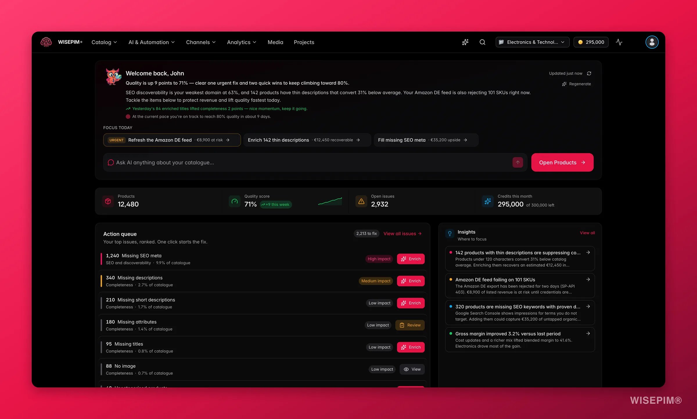 WISEPIM overview dashboard with catalog health, activity and quick actions