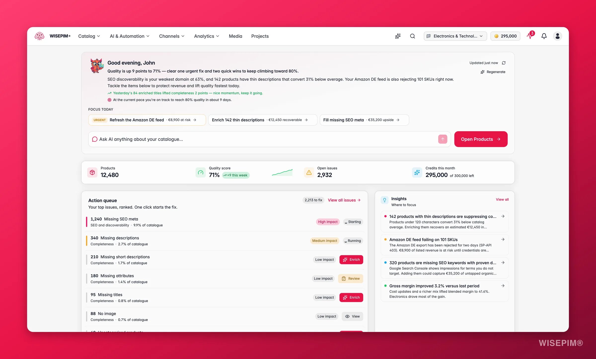 WISEPIM overview dashboard with catalog health, activity and quick actions