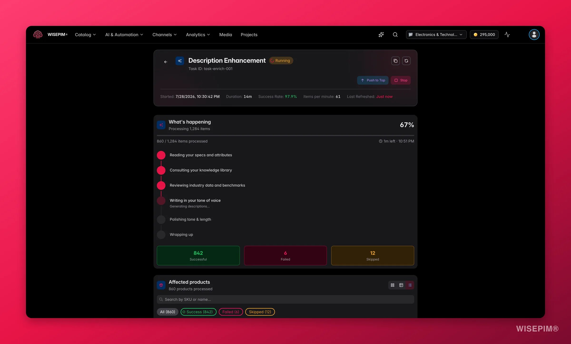 WISEPIM process tracker task detail with live enrichment progress and item-level results