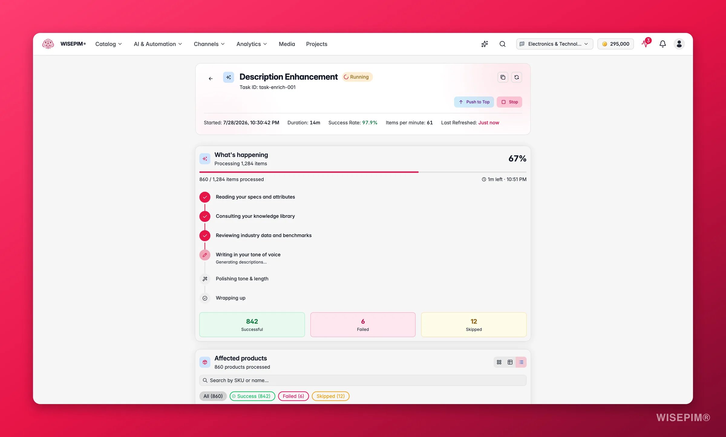 WISEPIM process tracker task detail with live enrichment progress and item-level results
