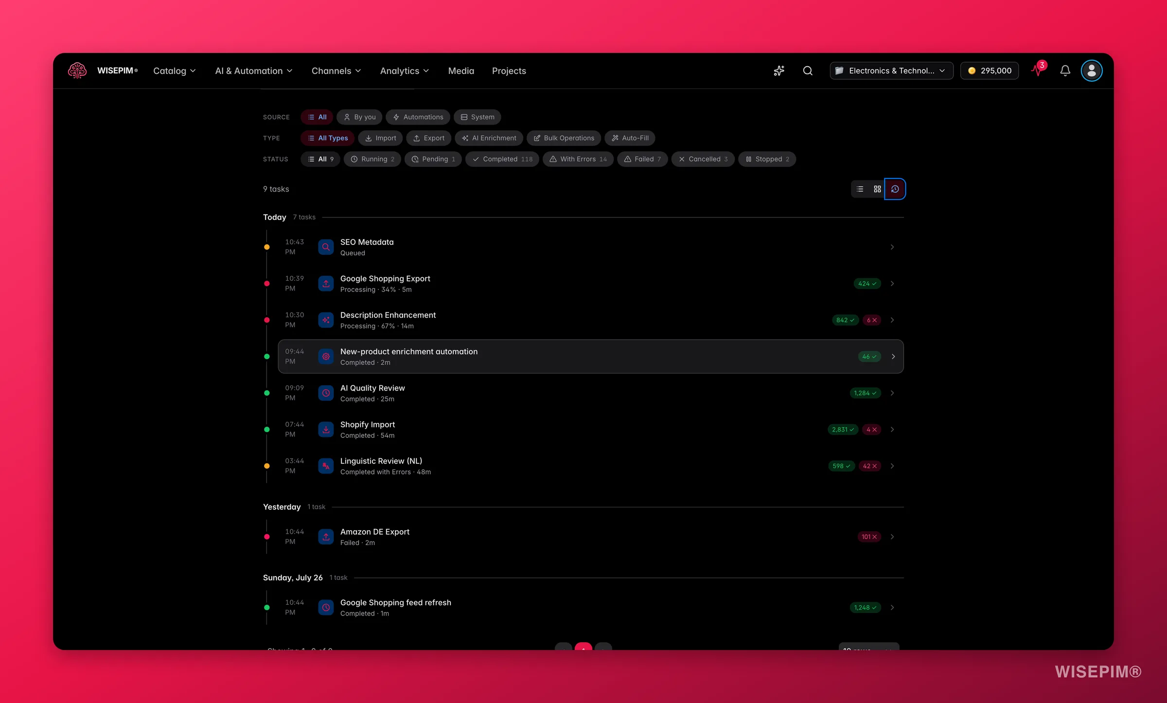 WISEPIM process tracker timeline view with source, type and status filters