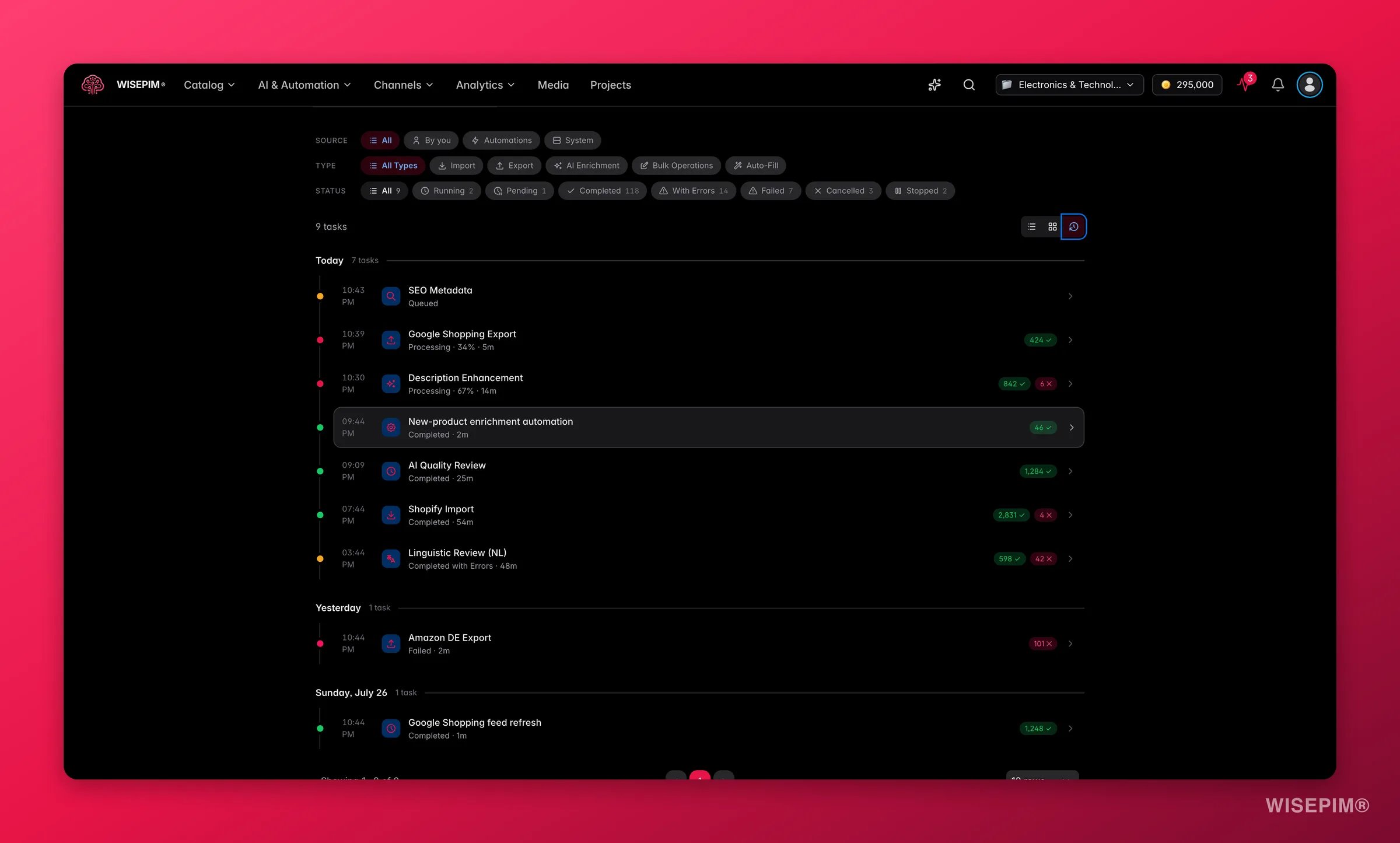 WISEPIM process tracker timeline view with source, type and status filters