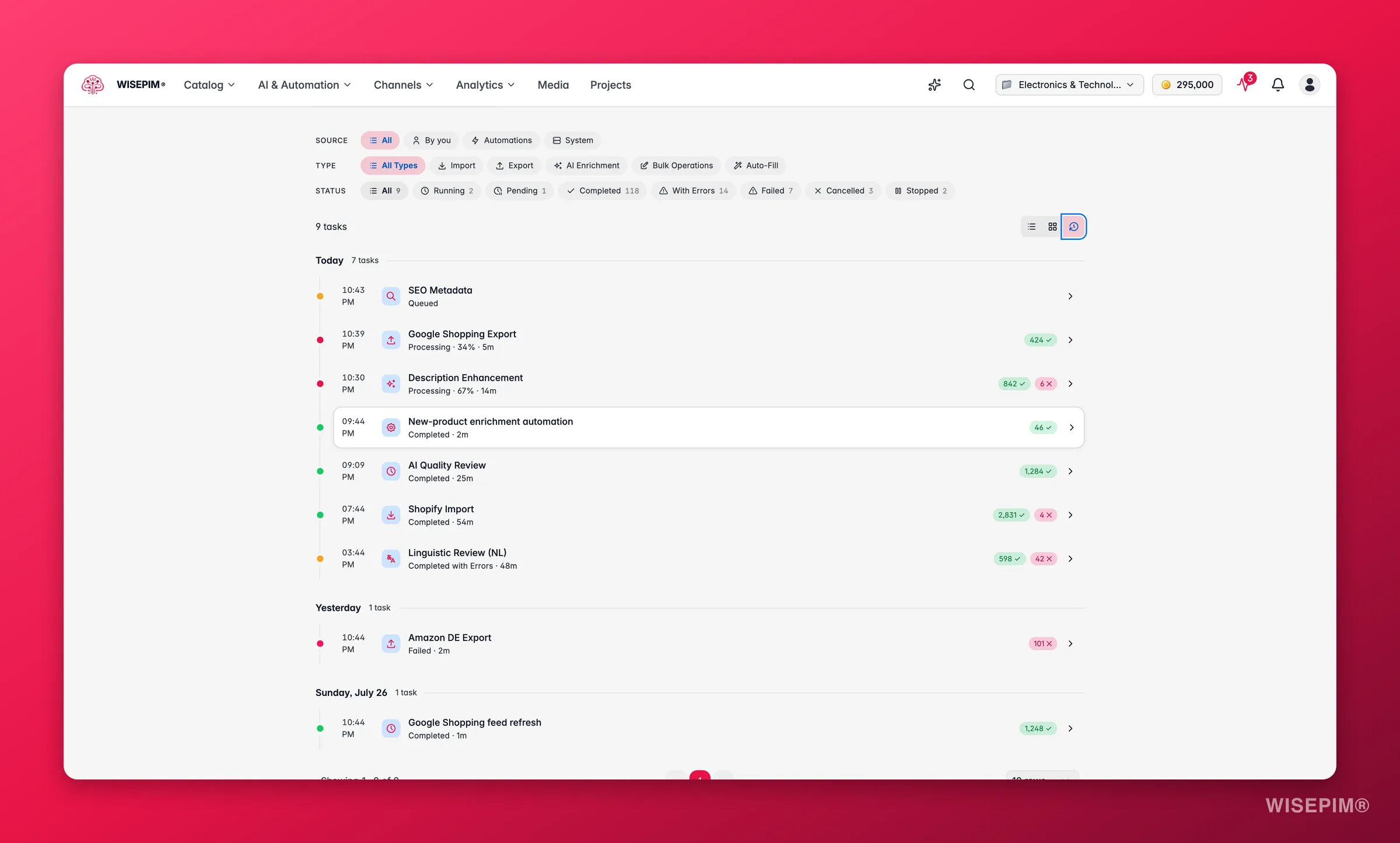 WISEPIM process tracker timeline view with source, type and status filters