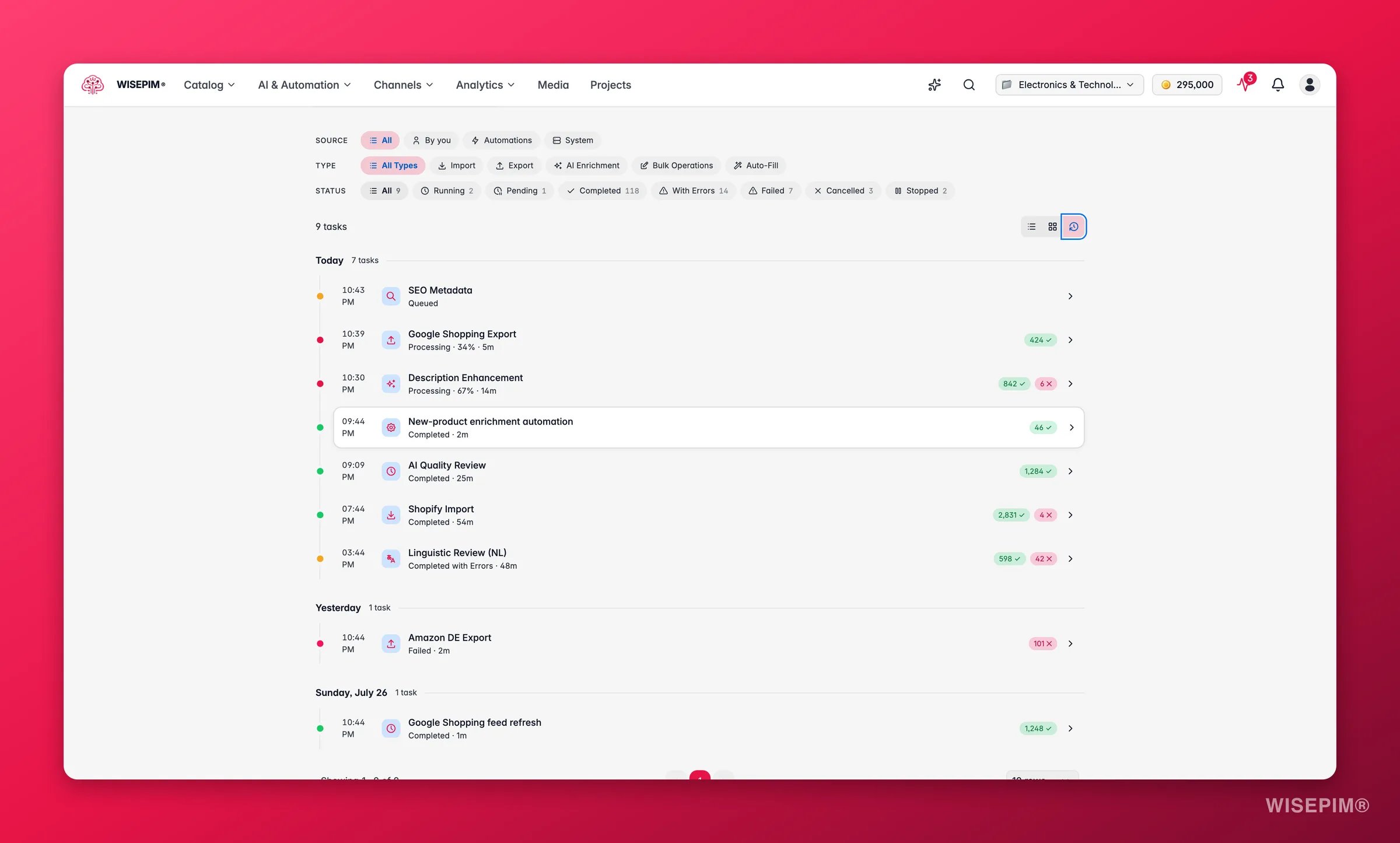 WISEPIM process tracker timeline view with source, type and status filters