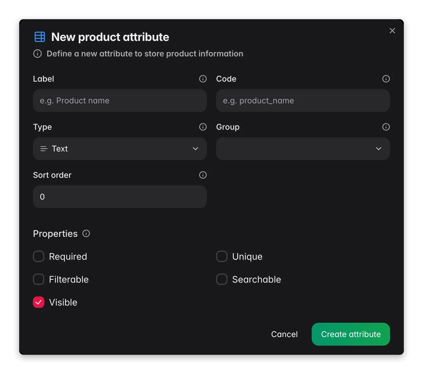 WISEPIM new attribute modal with label, code, type and required/filterable/searchable options