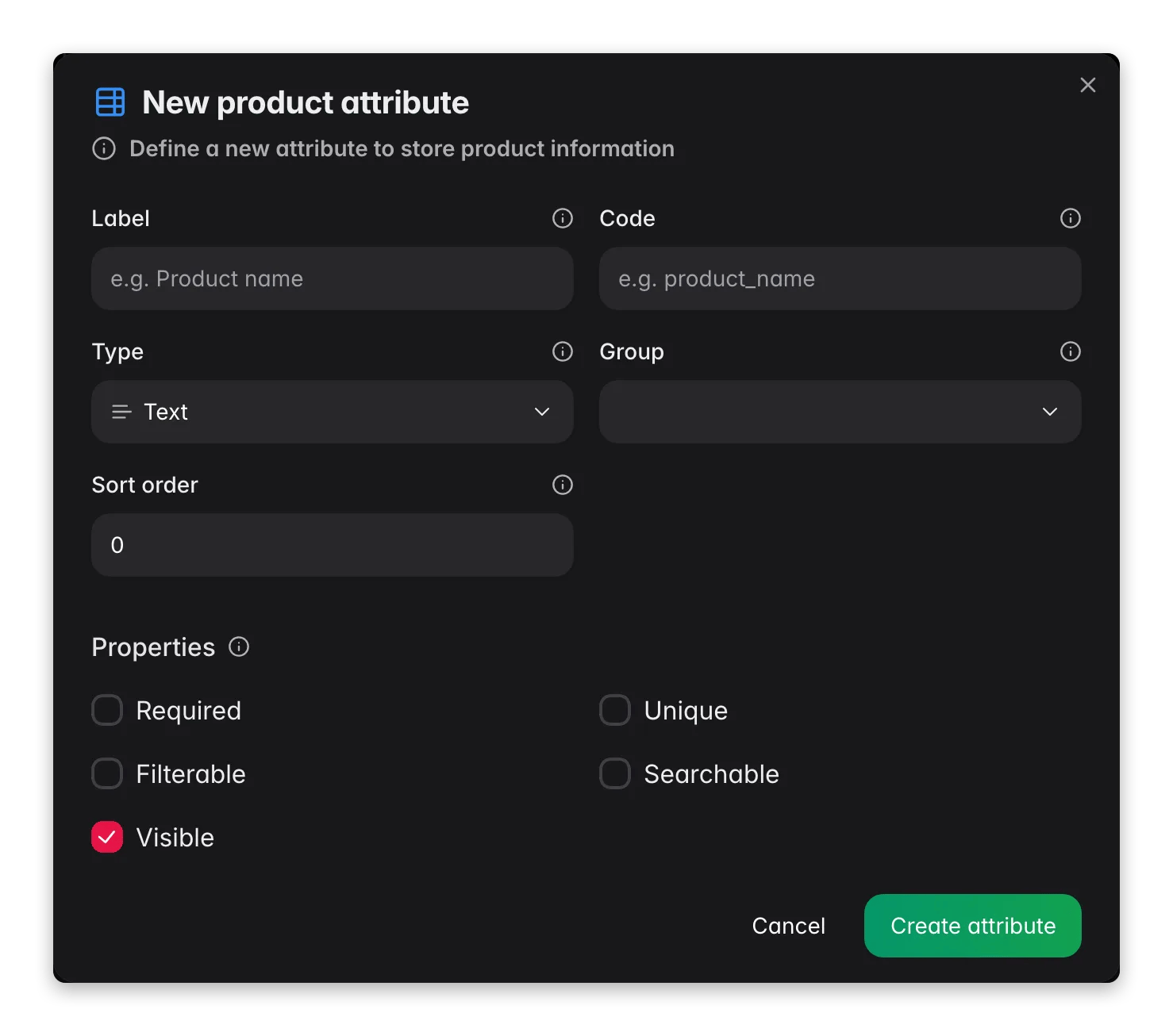 WISEPIM new attribute modal with label, code, type and required/filterable/searchable options