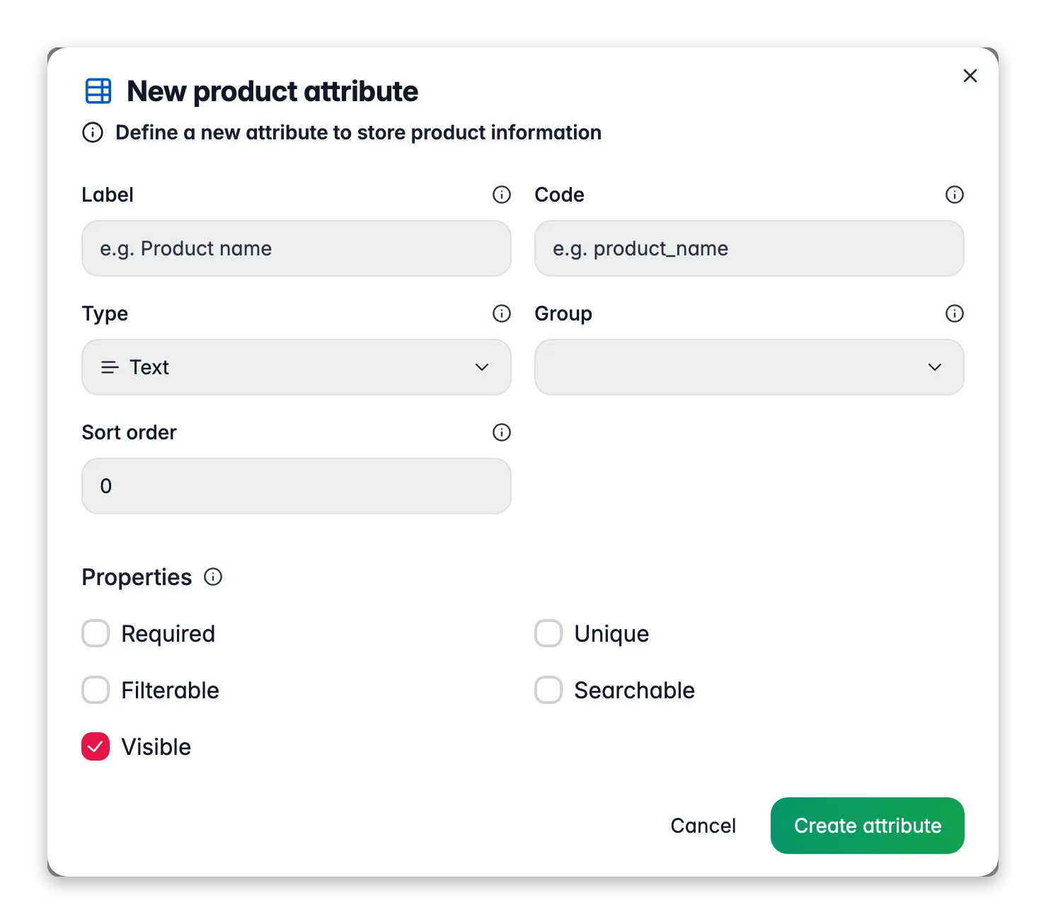 WISEPIM new attribute modal with label, code, type and required/filterable/searchable options