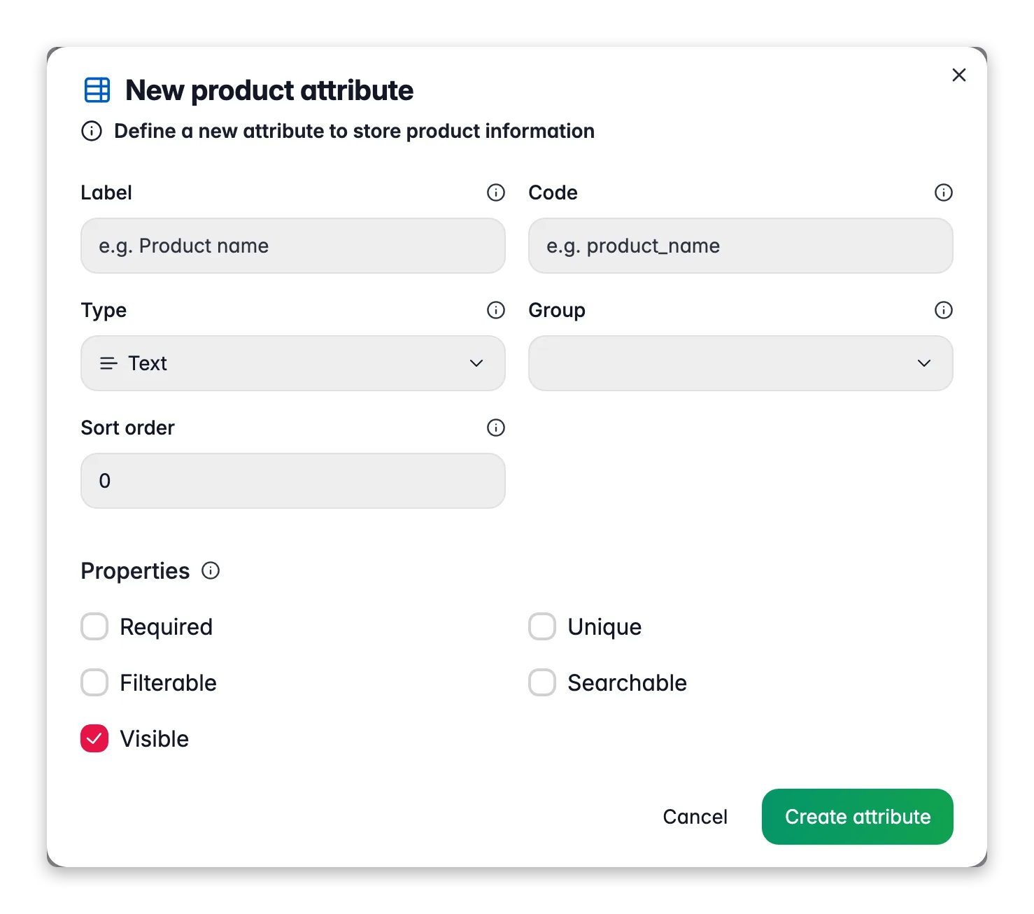 WISEPIM new attribute modal with label, code, type and required/filterable/searchable options