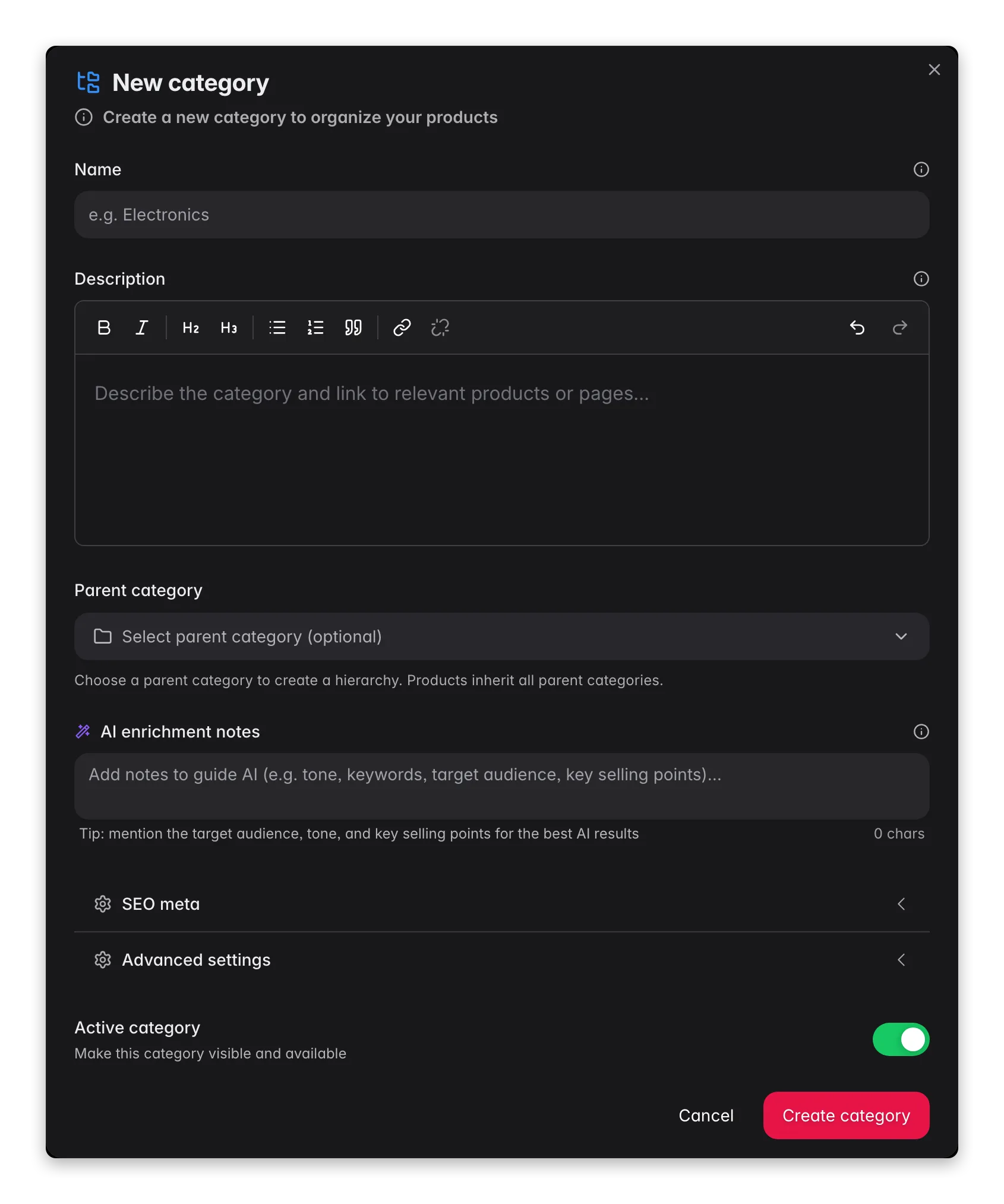 WISEPIM new category modal with name, path and parent for building the category tree